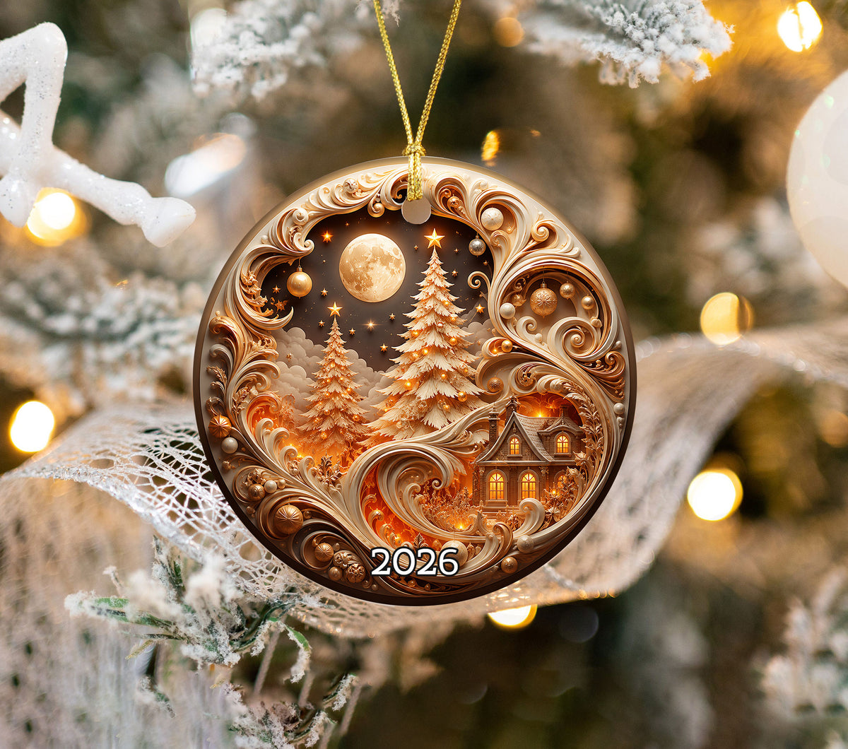 Elegant Christmas Tree Ornament 2026, Gold Holiday Ceramic Ornament, Christmas Decoration, Winter Home Decor, Christmas Gift Idea