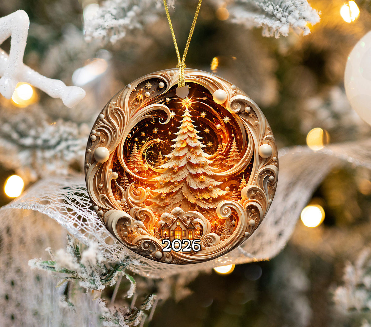 Ceramic Christmas Tree Ornament 2026, Gold Christmas Decoration, Holiday Keepsake Ornament, Christmas Gift for Home and Family