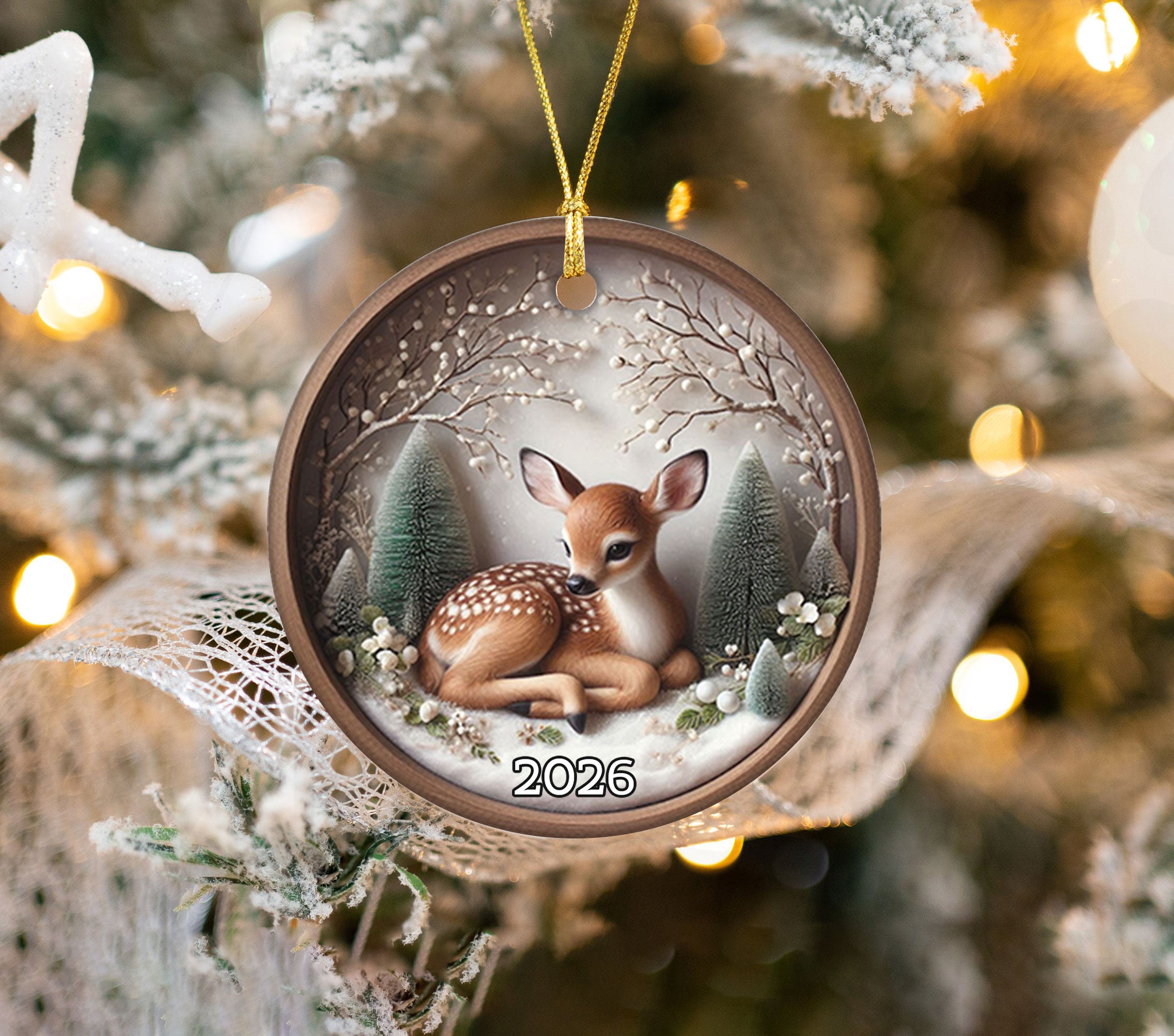 Woodland Deer Ornament 2026, Rustic Christmas Ceramic Ornament, Forest Holiday Tree Decoration