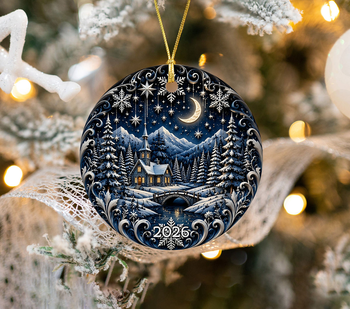 Moonlit Christmas Ornament 2026, Winter Night Ceramic Ornament, Holiday Tree Decoration, Peaceful Christmas Keepsake