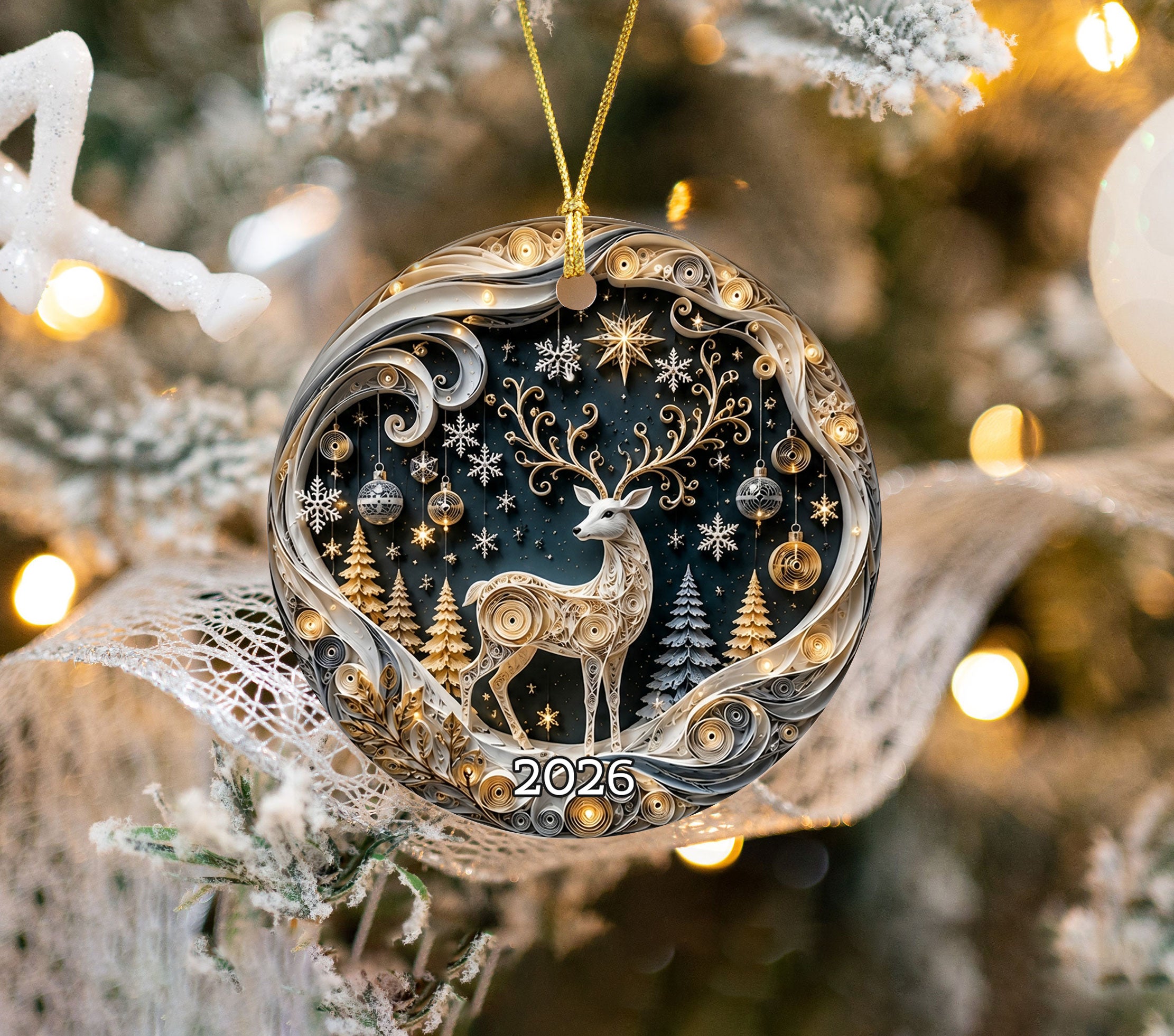 Elegant Deer Ornament 2026, Christmas Ceramic Ornament, Woodland Tree Decoration, Rustic Holiday Keepsake Gift