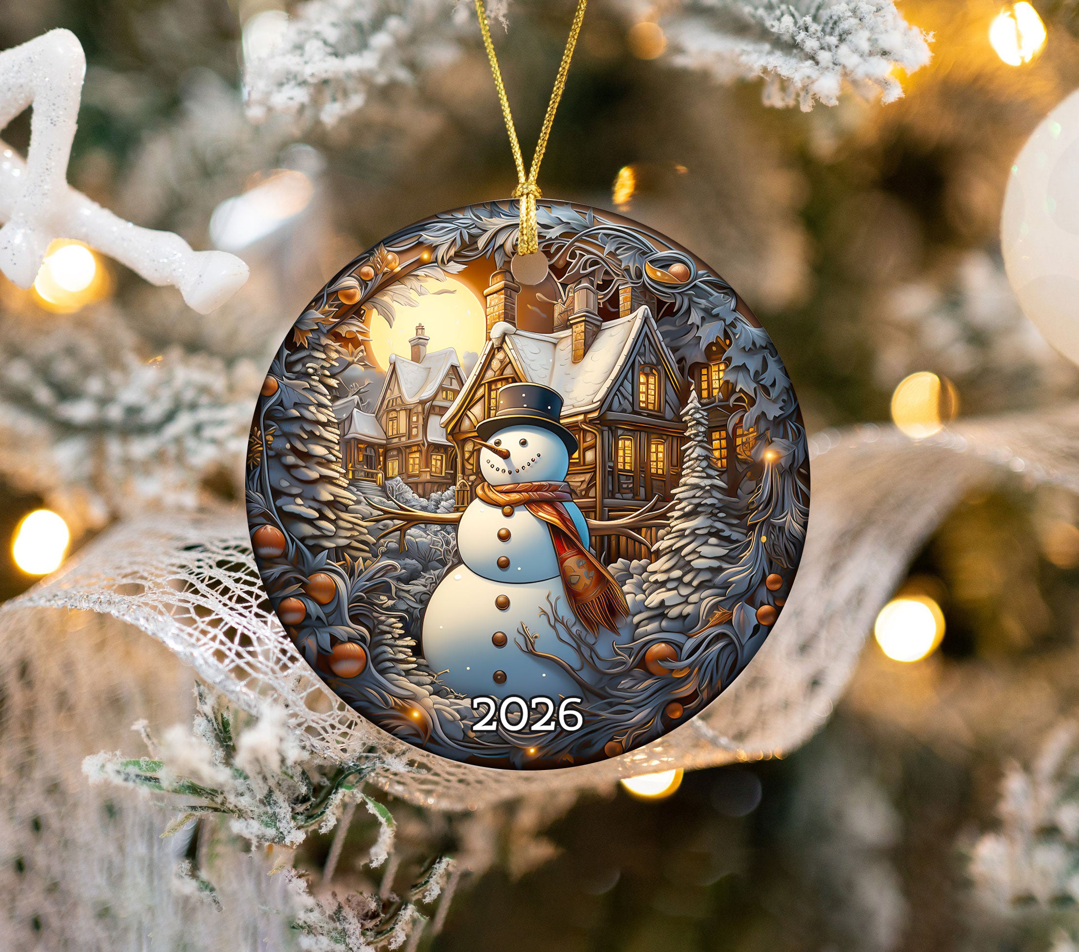 Rustic Snowman Ornament 2026, Christmas Tree Ceramic Ornament, Winter Holiday Decoration, Snowman Keepsake Gift for Family