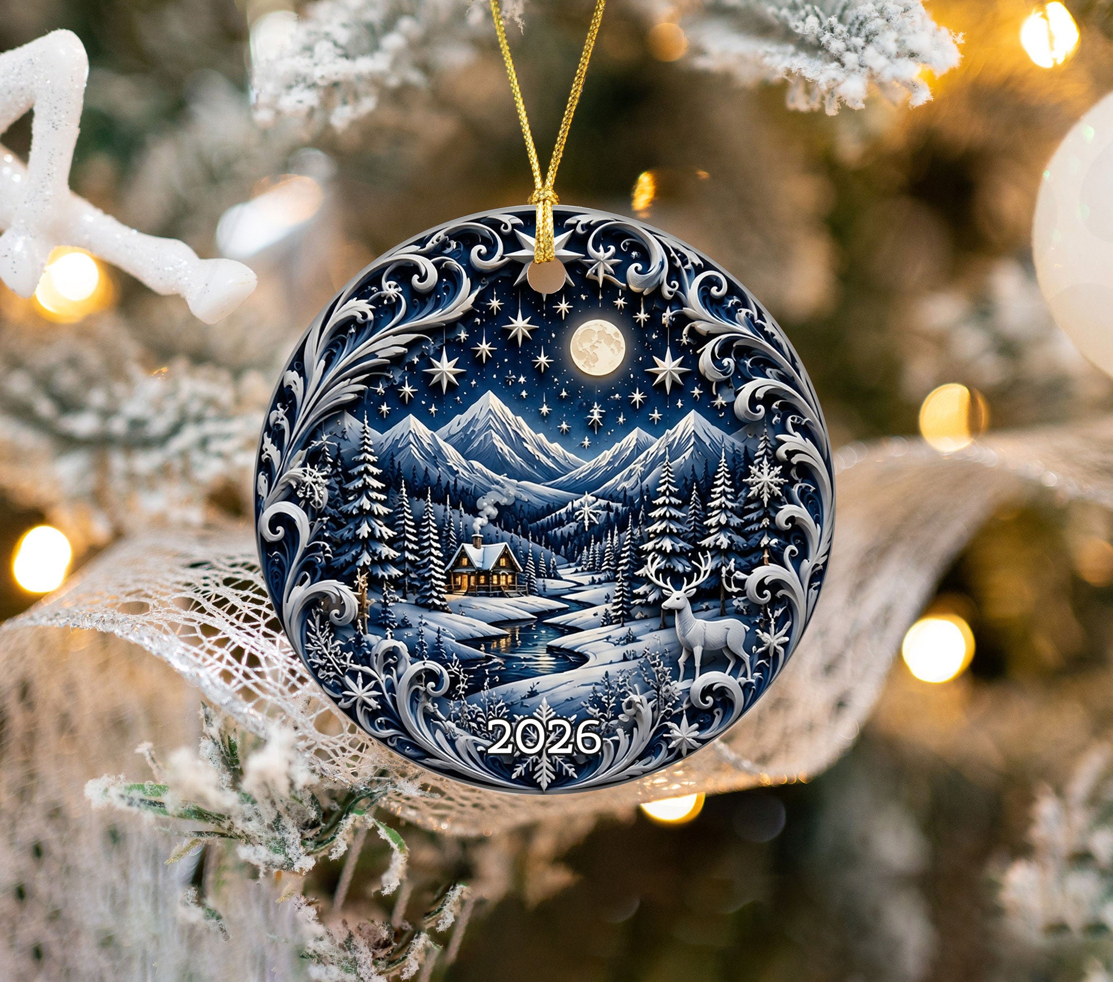 2026 Winter Night Ornament, Snowy Mountain Cabin Christmas Tree Ornament, Moonlit Deer Forest Keepsake