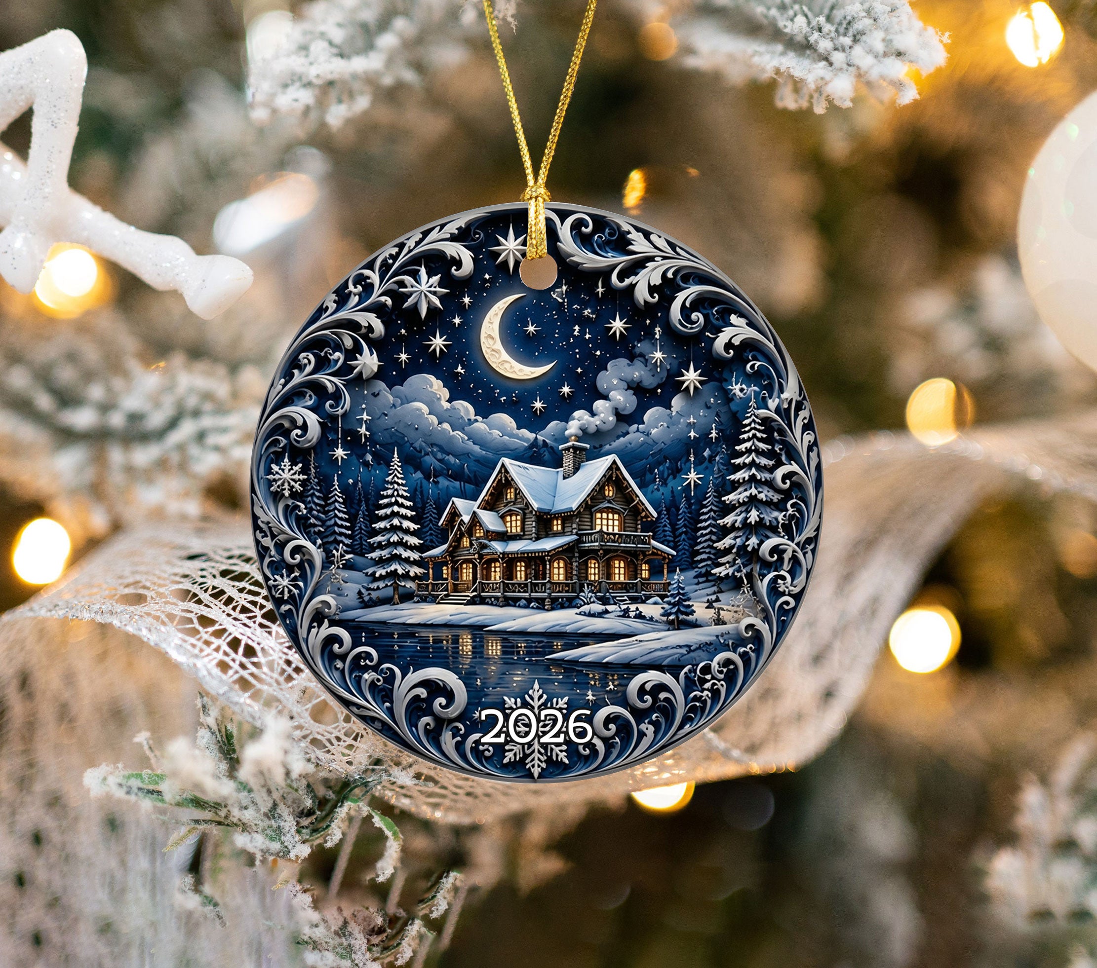 Winter Night Christmas Ornament 2026, Snowy Village Ceramic Ornament, Holiday Tree Decoration, Cozy Christmas Keepsake