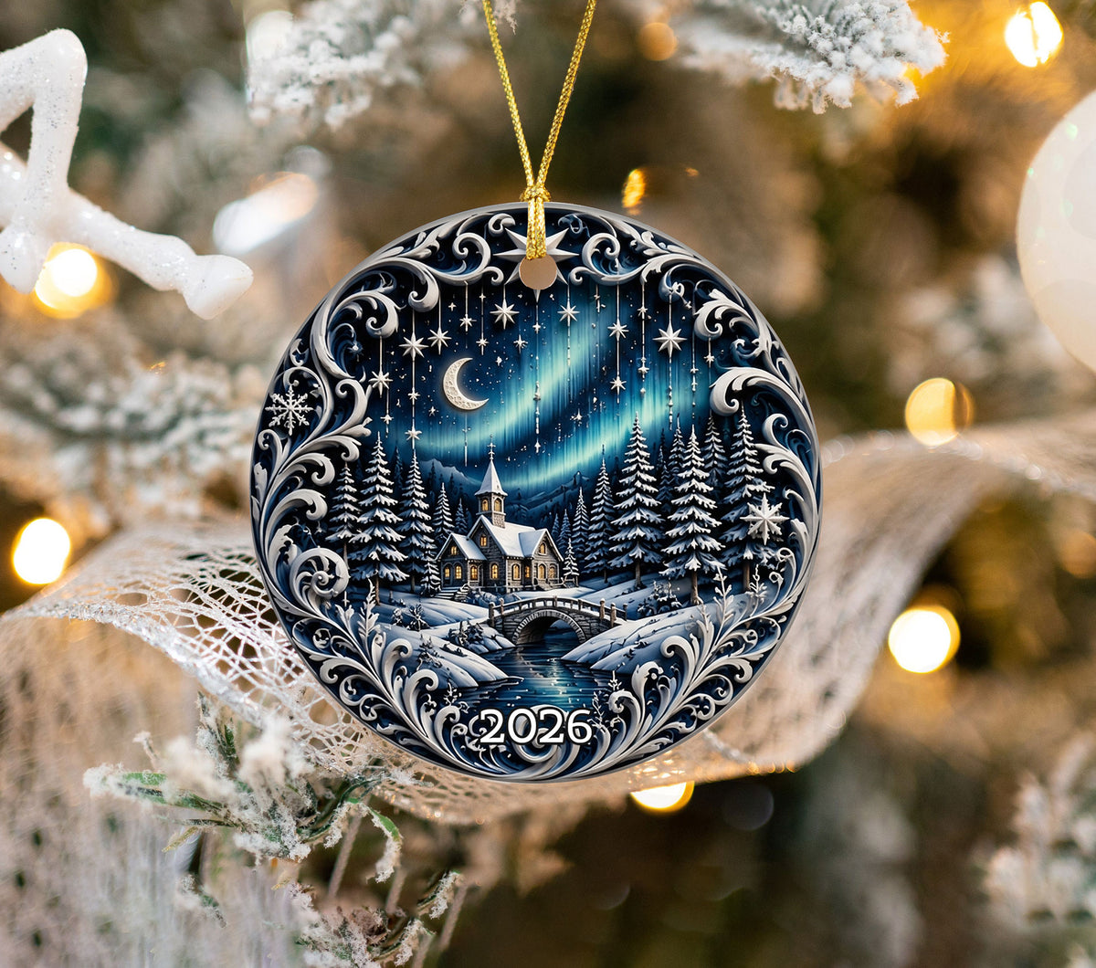 Aurora Borealis Christmas Night Ornament 2026, Moonlit Winter Village Ceramic Ornament, Holiday Tree Decoration