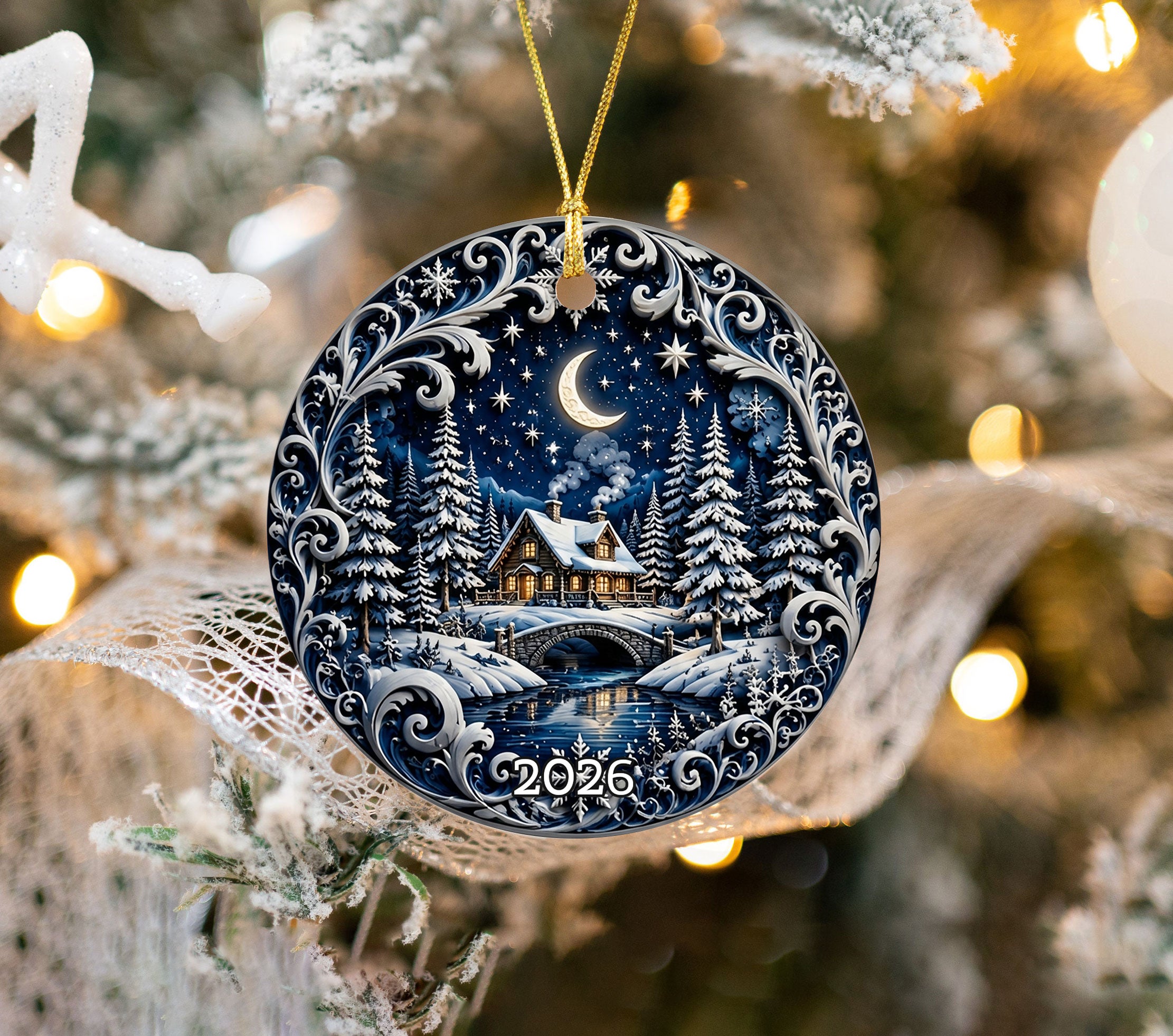 Winter Christmas Eve Ornament 2026, Moonlit Snowy Village Ceramic Ornament, Holiday Tree Decoration