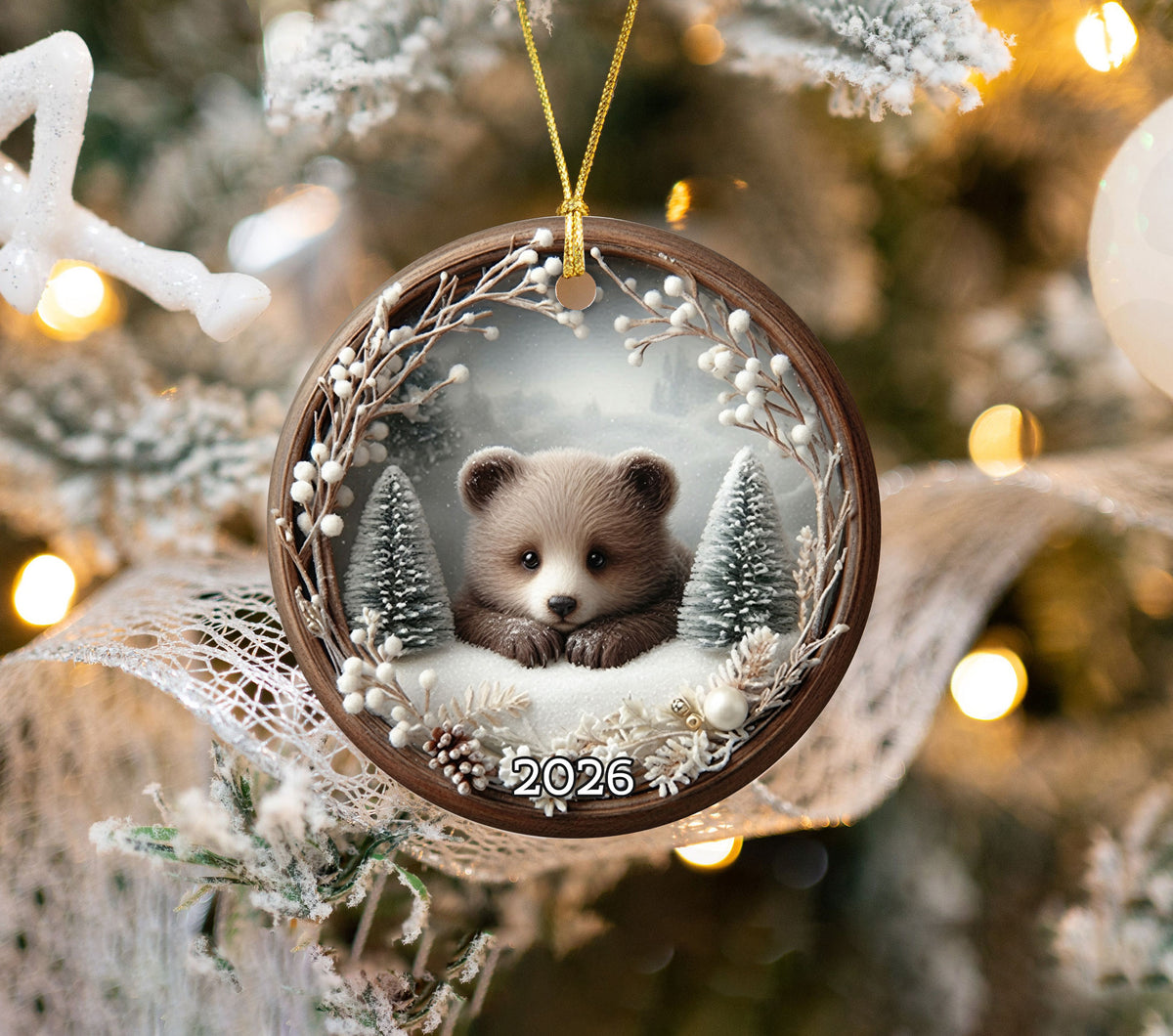 Baby Bear Christmas Ornament 2026, Cute Woodland Bear Ornament, Winter Forest Christmas Tree Decor