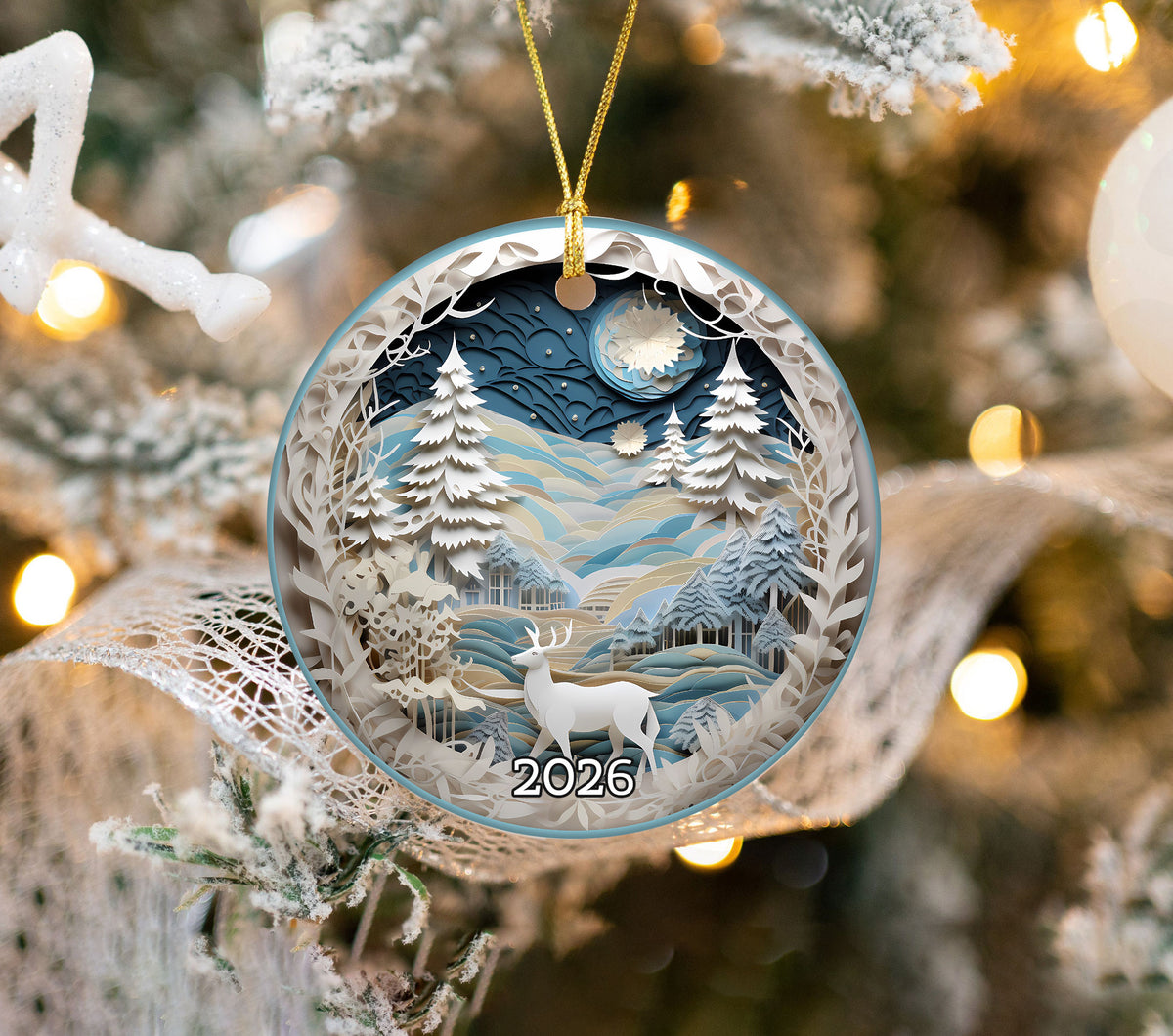 Christmas Winter Wonderland Ornament, Christmas Tree Decoration, Holiday Gift, Ceramic Round Ornament, Dated Ornament