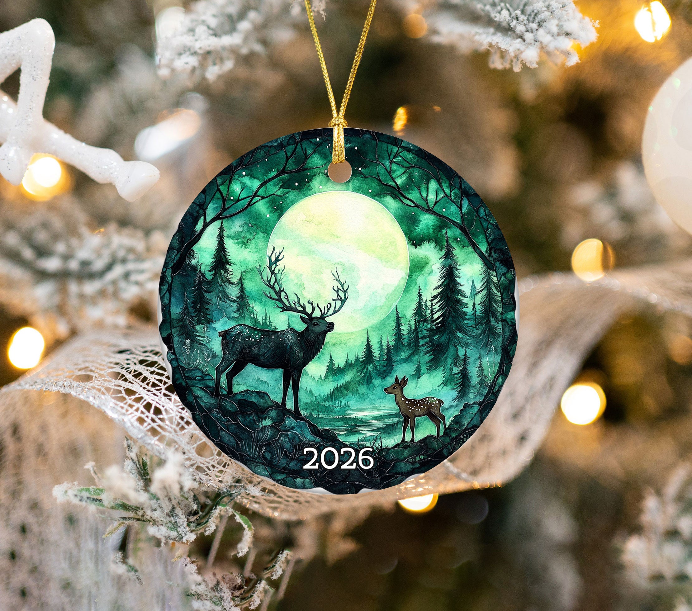 Deer Aurora Borealis Ceramic Ornament, Nature Lover Gift for Christmas Ornament for Friend, Night Scene Holiday Tree Decoration