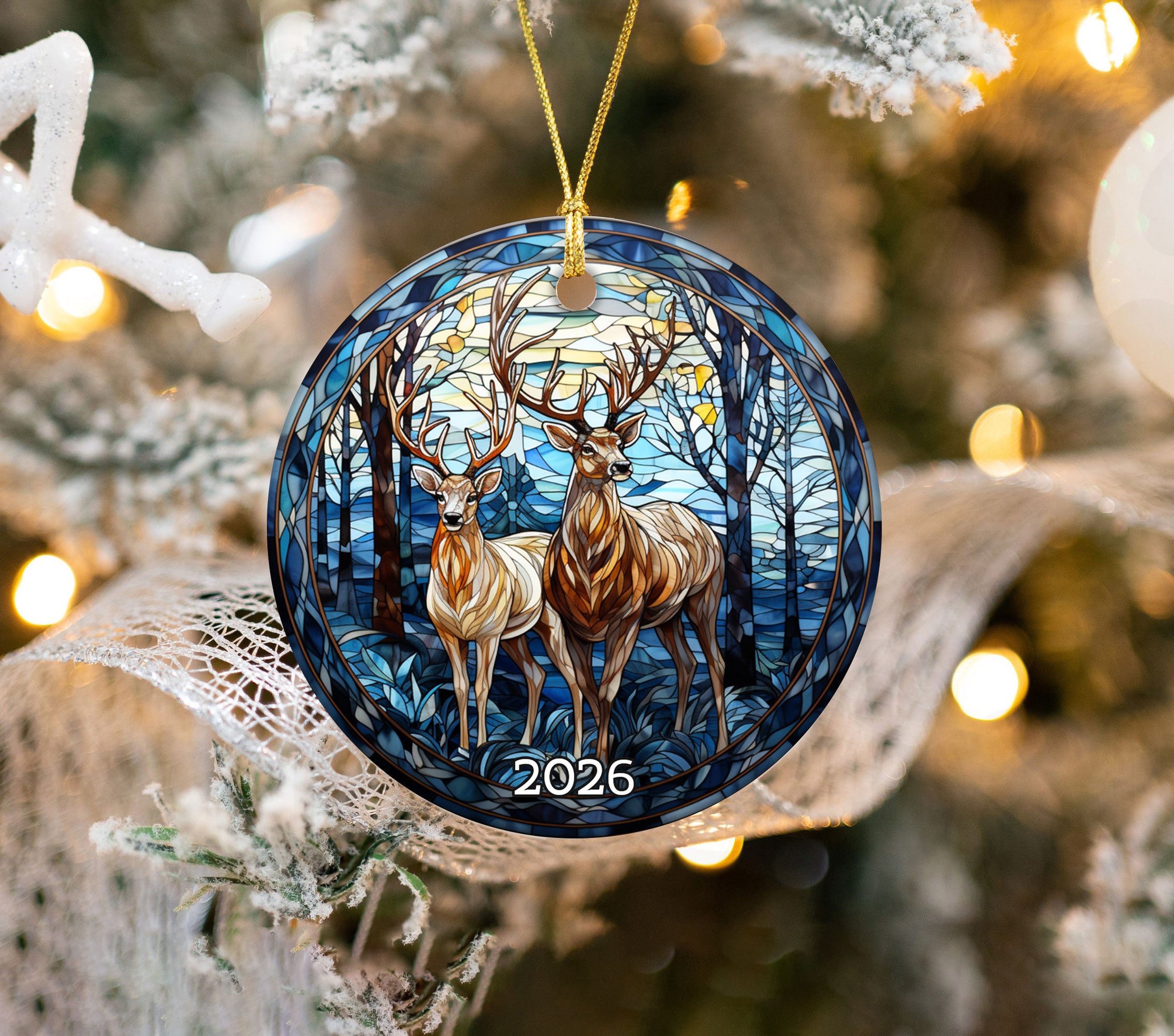 Stained Glass Deer Couple Christmas Ornament 2026, Buck and Doe Ornament, Woodland Christmas Tree Decor