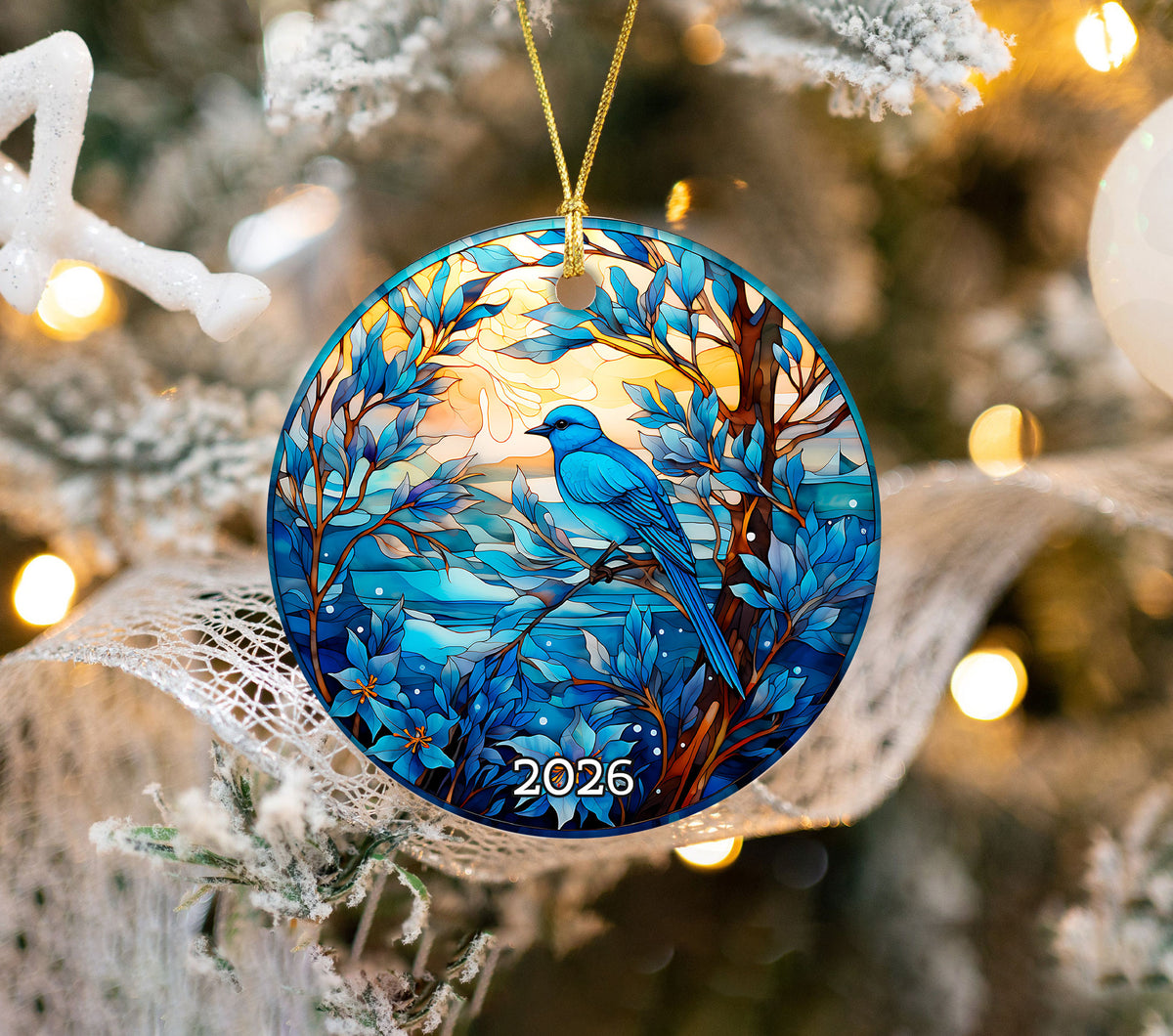 Blue Bird Christmas Ornament 2026, Stained Glass Style Bird Ornament, Winter Bird Tree Decor, Nature Lover Gift, Blue Songbird Keepsake, Holiday Ornament