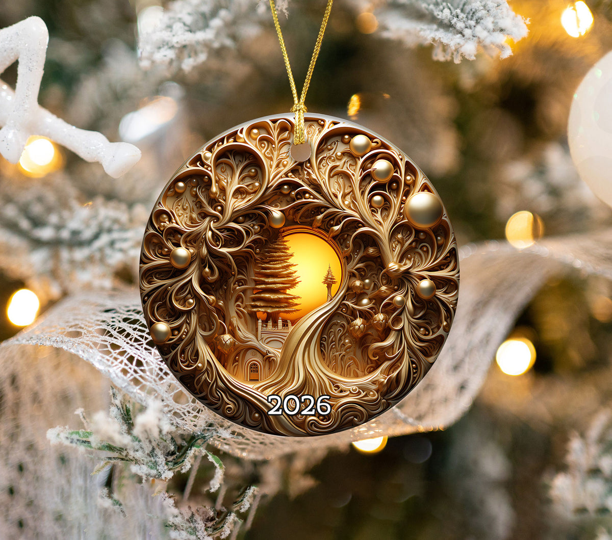 2026 Golden Tree of Life Ornament, Luxury Christmas Ornament, Ornate Gold Holiday Decor, Elegant Xmas Tree Decoration, Keepsake Gift