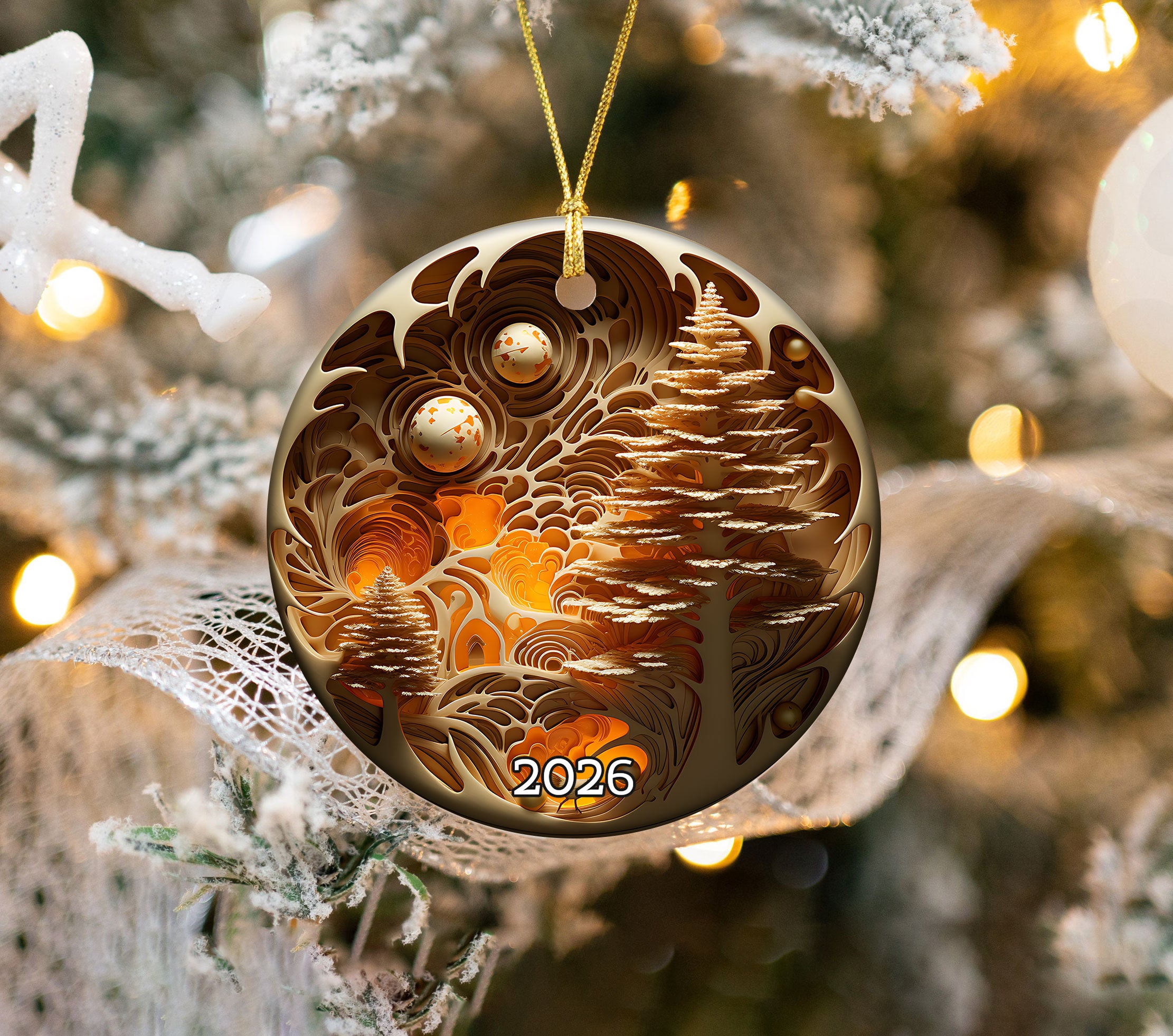 2026 Enchanted Golden Forest Ornament, Fantasy Christmas Tree Ornament, Woodland Holiday Decor, Elegant Gold Keepsake, Magical Xmas Gift