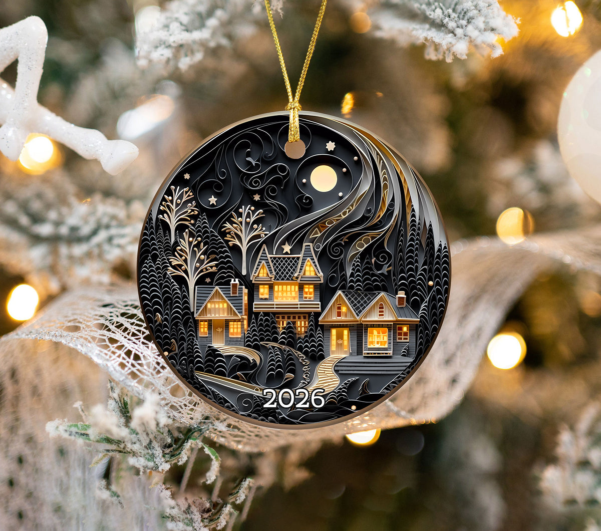 Moonlit Christmas Cottage Ornament 2026, Cozy Winter Village Tree Decoration, Layered Keepsake, Holiday Decoration