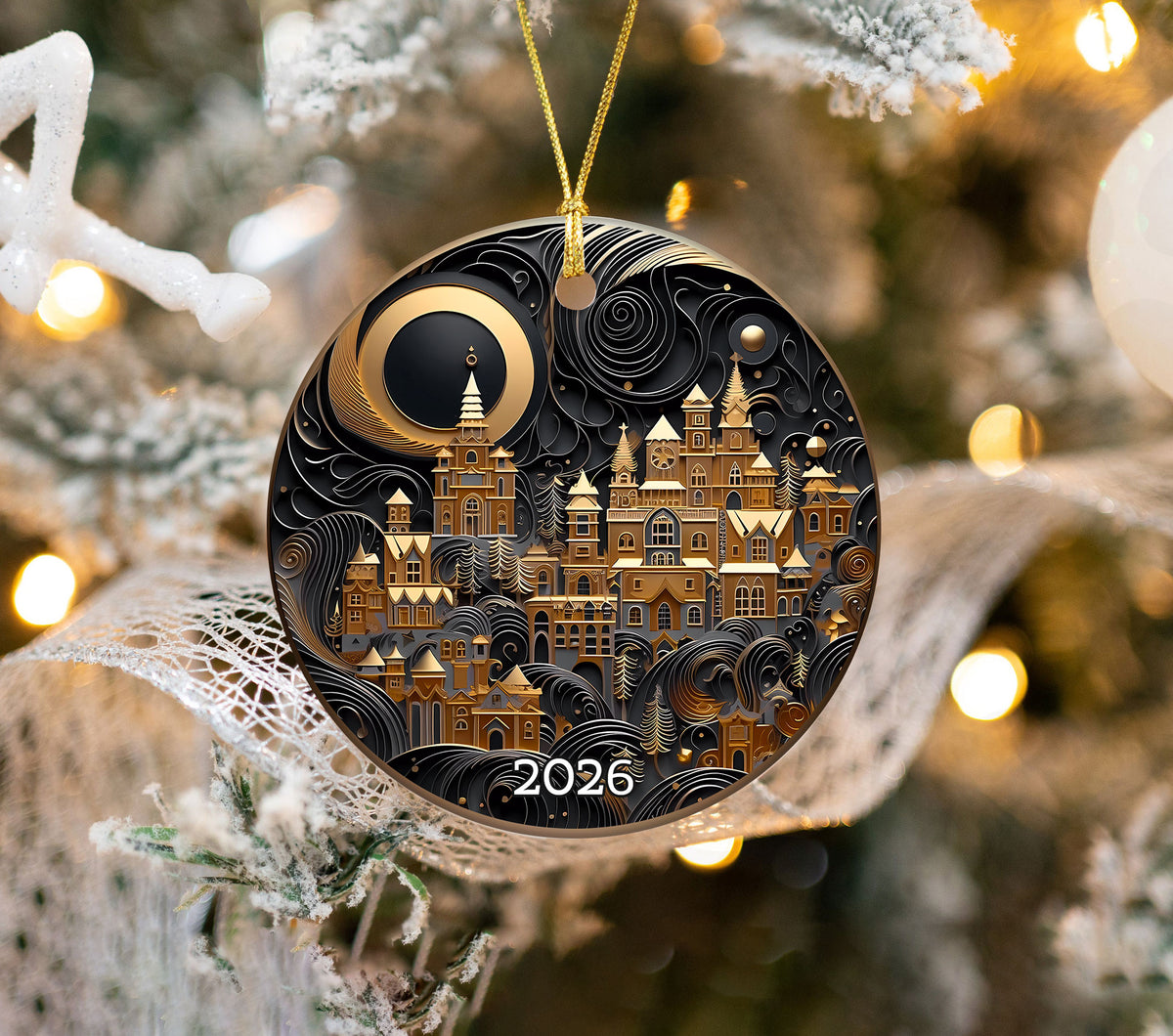 Golden Christmas Village Ornament, Christmas Tree Ornament 2026, Christmas Ornament