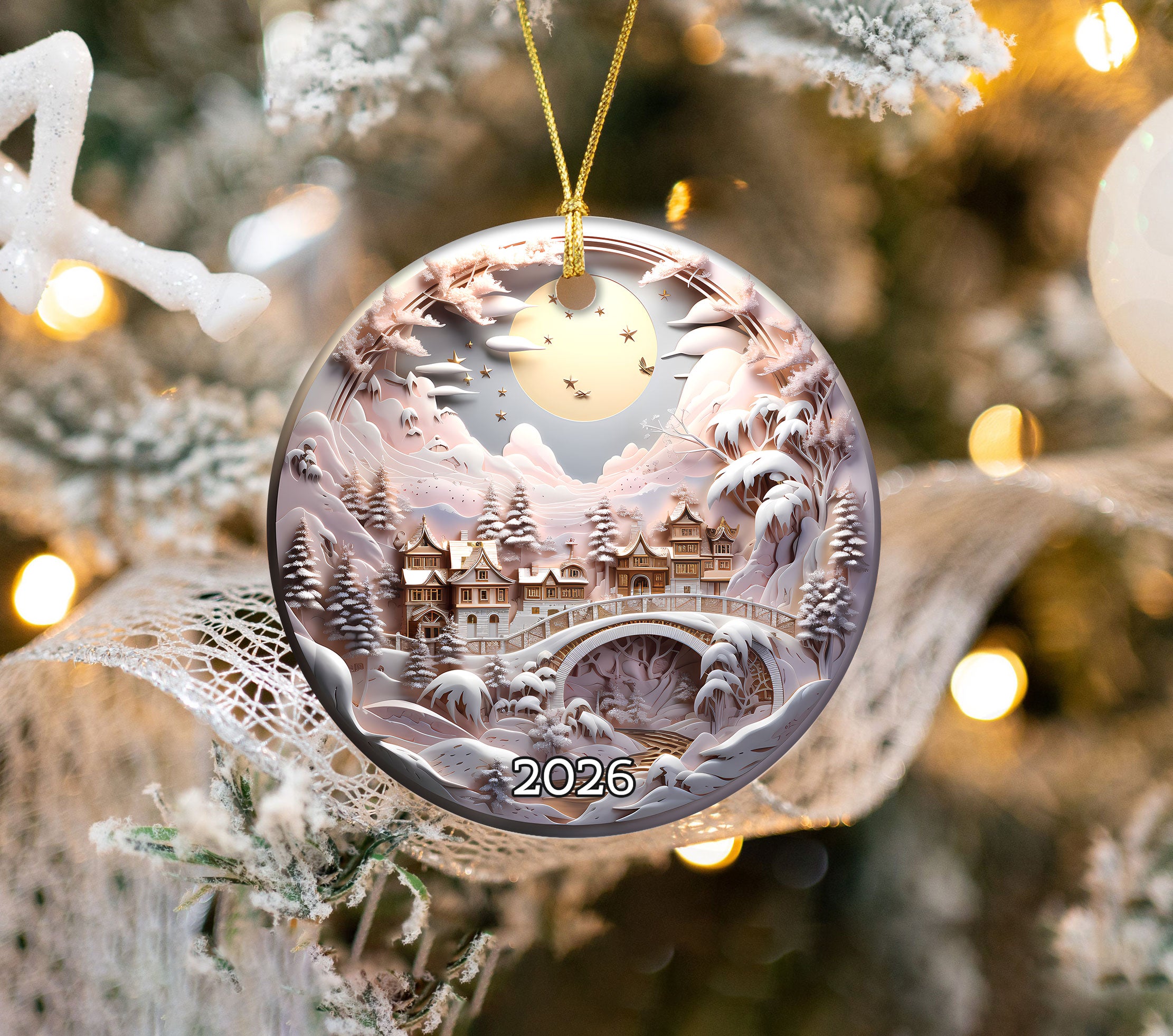 Snowy Castle Christmas Ornament 2026, Fairytale Pink Landscape Ceramic Ornament, Fantasy Holiday Tree Decor, Winter Christmas Keepsake Gift