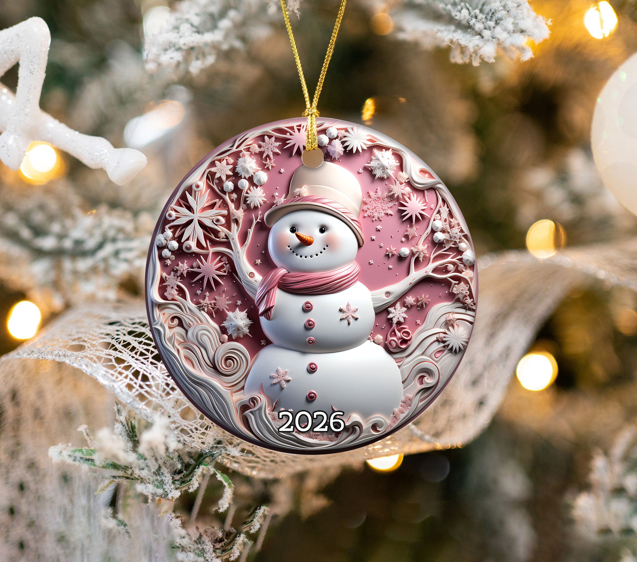 Snowman Ornament 2026, Pink Castle Ceramic Ornament, Fantasy Christmas Tree Decoration, Magical Holiday Keepsake, Princess Lover Gift