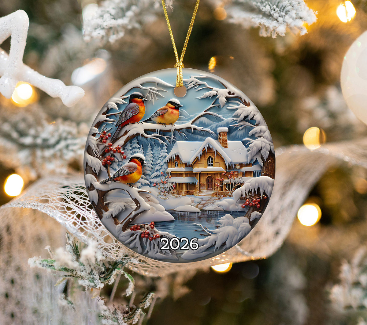 Winter Birds Christmas Ornament 2026, Snowy Cardinal Bird Cottage Ceramic Ornament, Rustic Cabin Holiday Tree Decor