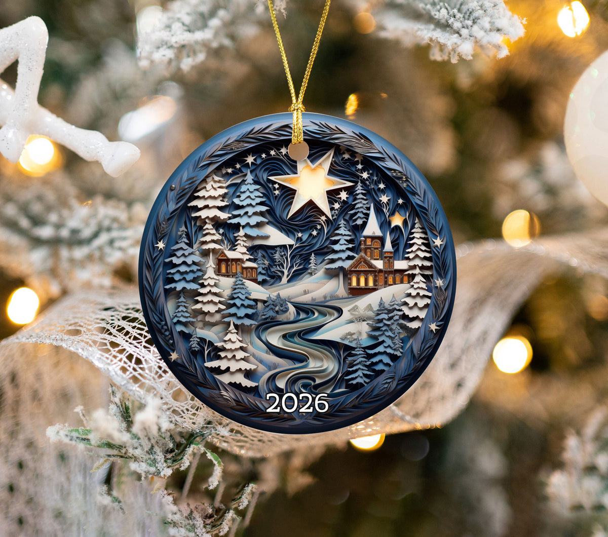 Cozy Winter Cabin Ornament 2026, Christmas Tree Decoration, Ceramic Holiday Ornament, Xmas Keepsake