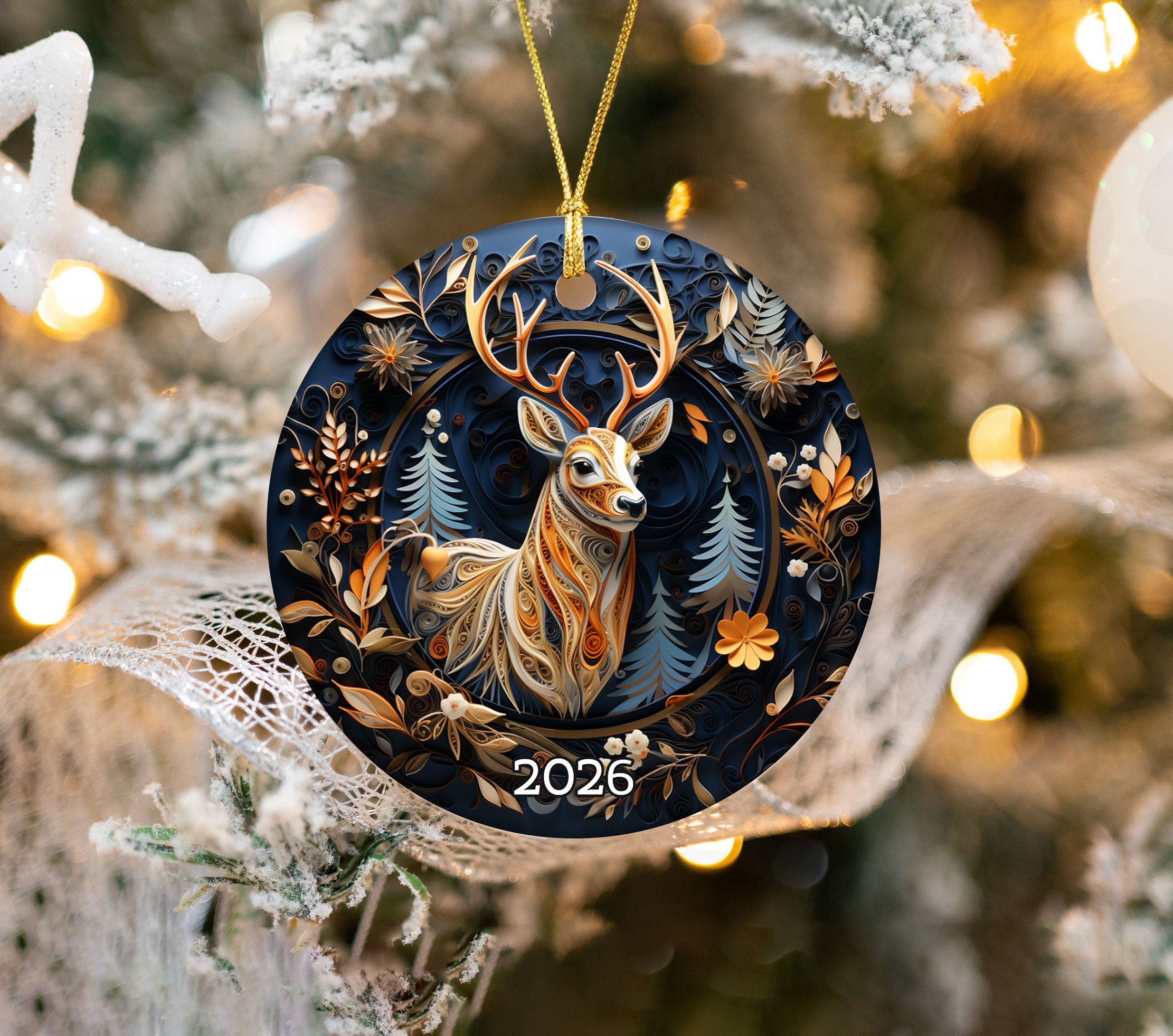 Majestic Deer Ornament 2026, Woodland Christmas Ceramic Ornament, Rustic Holiday Tree Decoration, Christmas Keepsake Gift for Family