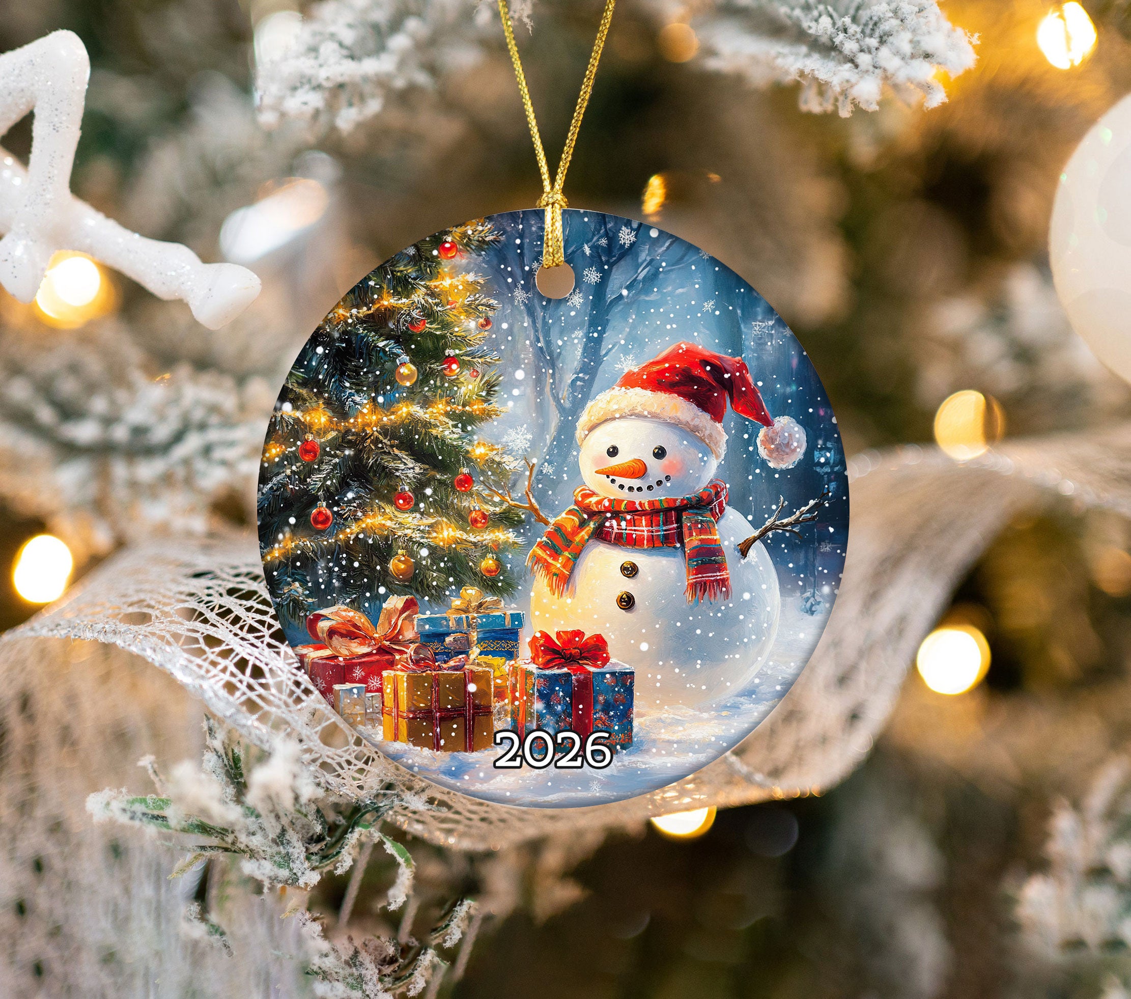 Snowman Holiday Ornament 2026, Rustic Christmas Ceramic Ornament, Winter Tree Decoration, Festive Keepsake Gift for Christmas Lovers