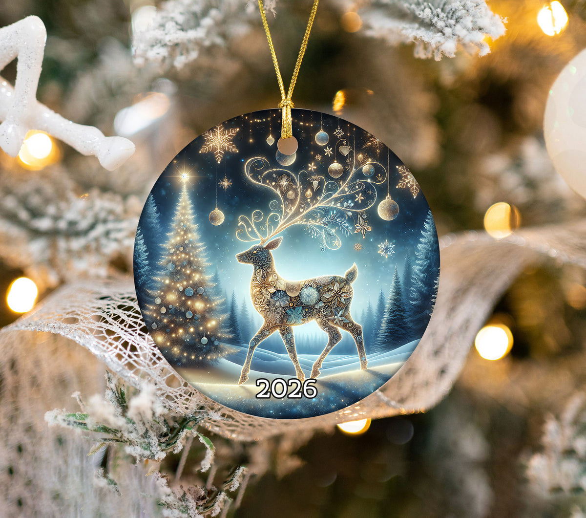 Elegant Deer Ornament 2026, Christmas Ceramic Ornament, Woodland Tree Decoration, Rustic Holiday Keepsake Gift for Family and Friends