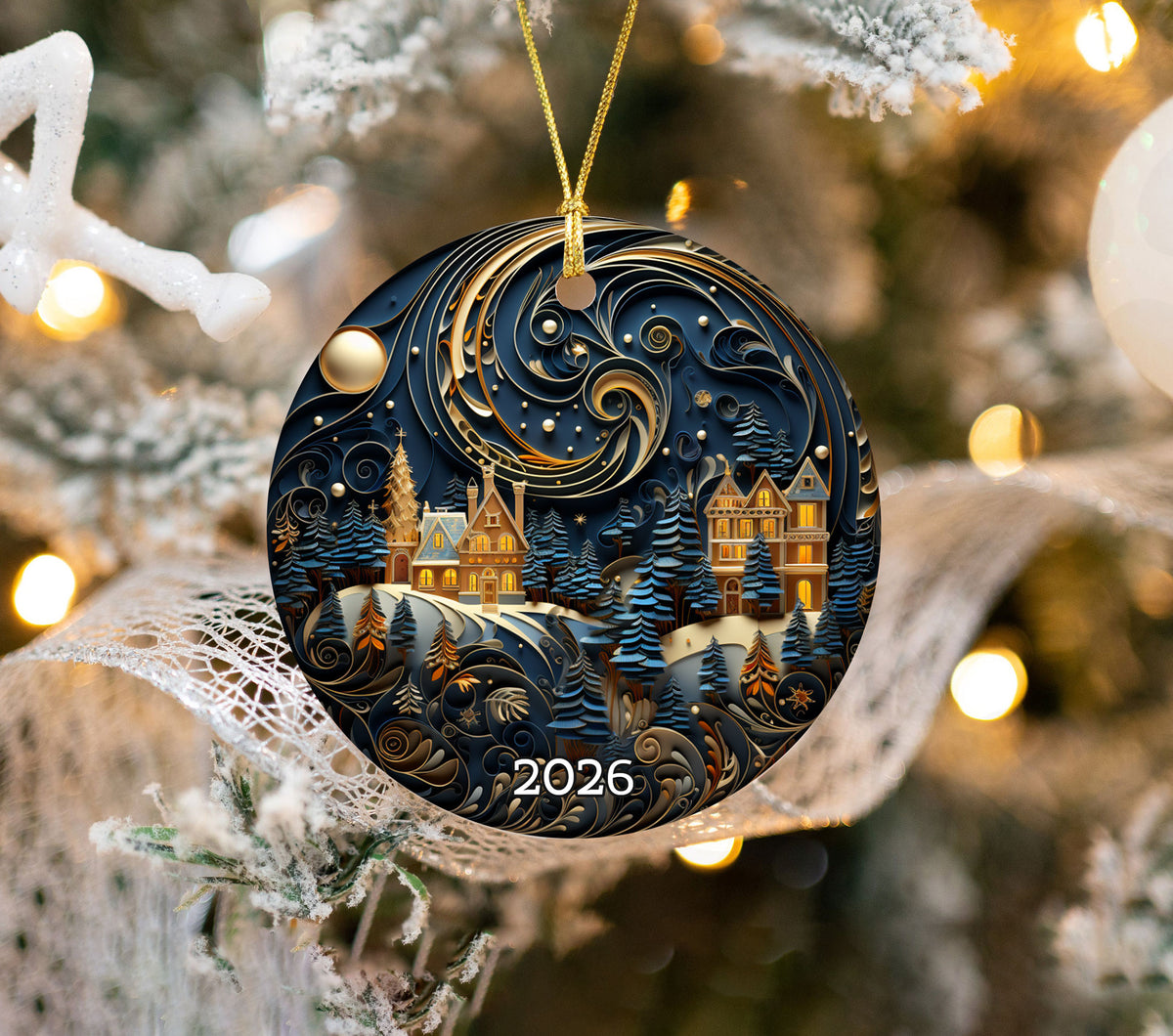 Silent Night Christmas Ornament 2026, Winter Moonlight Ceramic Ornament, Holiday Tree Decoration, Festive Christmas Keepsake Gift