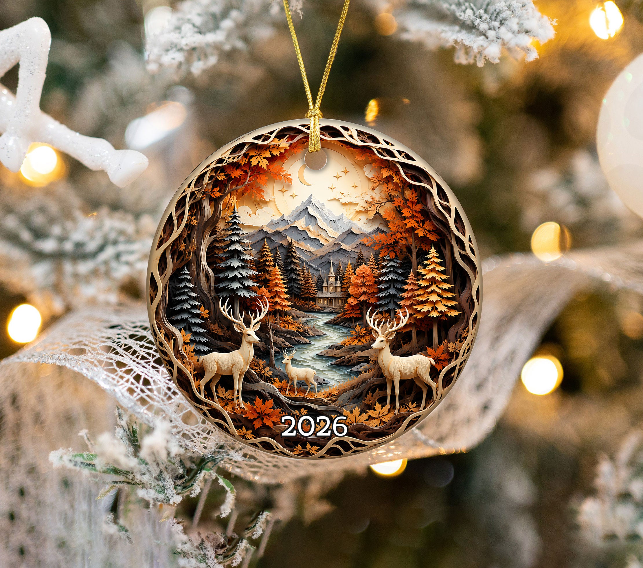Christmas Deer Ornament 2026, Woodland Forest Christmas Tree Decor, Rustic Holiday Ornament, Winter Cabin Scene