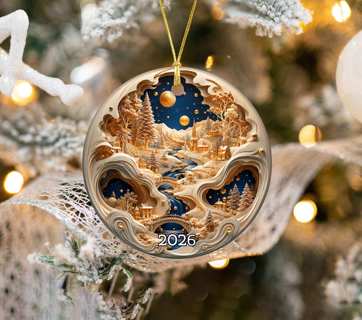 Winter Village Christmas Ornament 2026, Snowy Christmas Tree Decor, Holiday Village Ornament, Christmas Keepsake