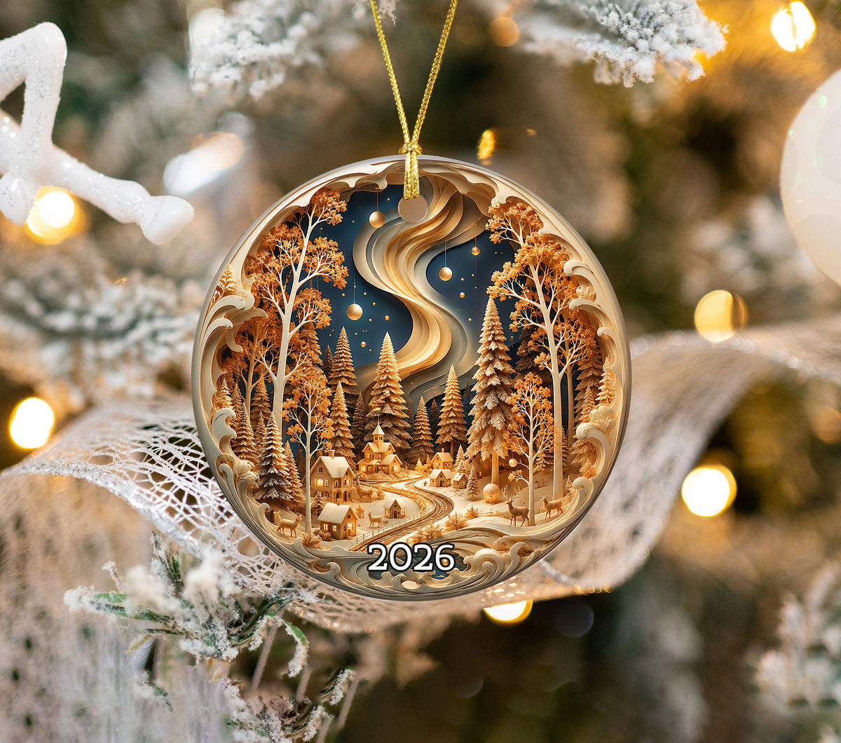 Christmas Ornament 2026, Winter Village Landscape, Snowy Christmas Tree Decoration, Holiday Keepsake Ornament