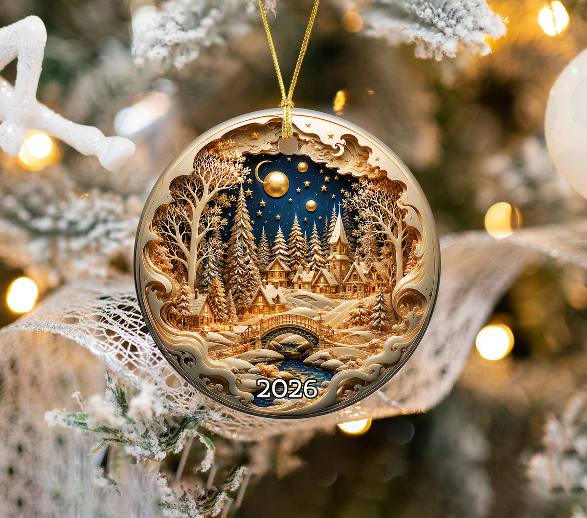 Christmas Village Decor Ornament 2026, Snowy Winter Christmas Scene, Holiday Tree Decoration, Keepsake Ornament