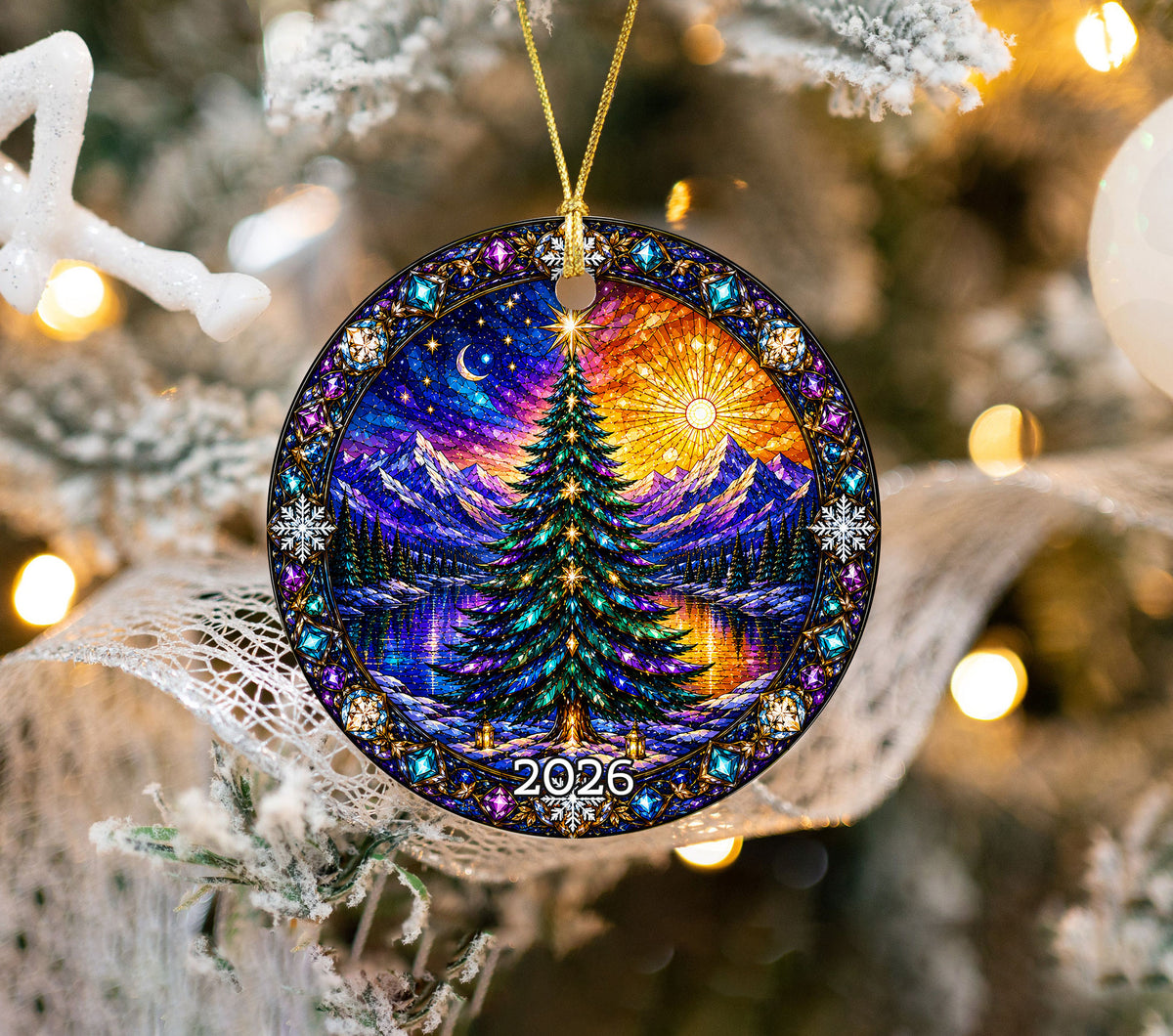 Christmas Ornament 2026, Colorful Christmas Tree Decor, Winter Holiday Ornament, Mountain Lake Christmas Scene