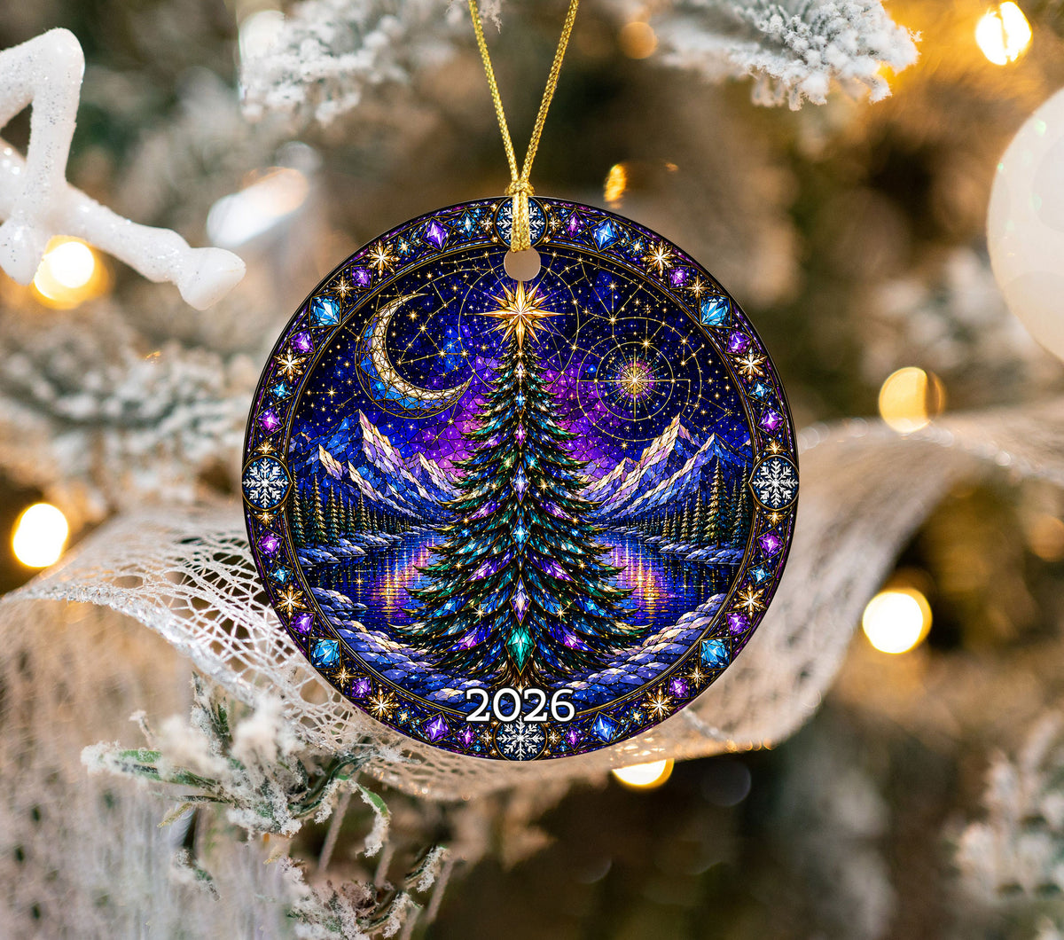 Winter Christmas Tree Ornament 2026, Aurora Sky Christmas Decor, Holiday Ornament, Snowy Mountain Landscape