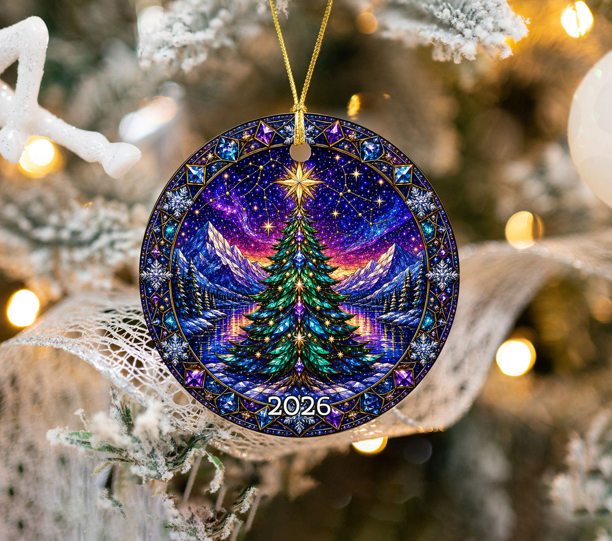 Christmas Tree Ornament 2026, Winter Mountain Landscape, Aurora Christmas Decor, Holiday Tree Decoration