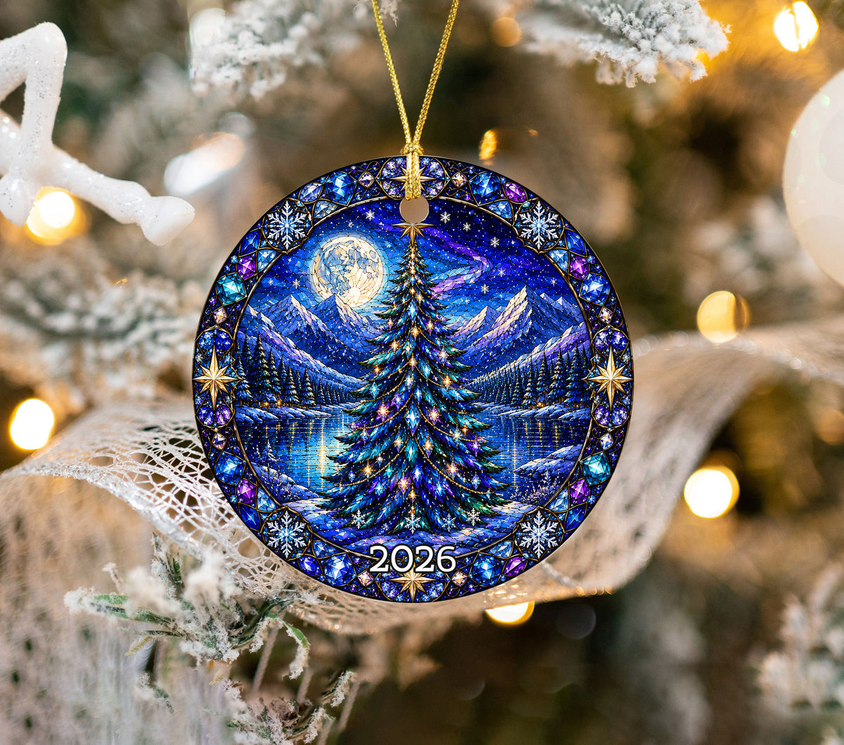 Winter Christmas Ornament 2026, Aurora Christmas Tree Decor, Holiday Mountain Landscape Ornament