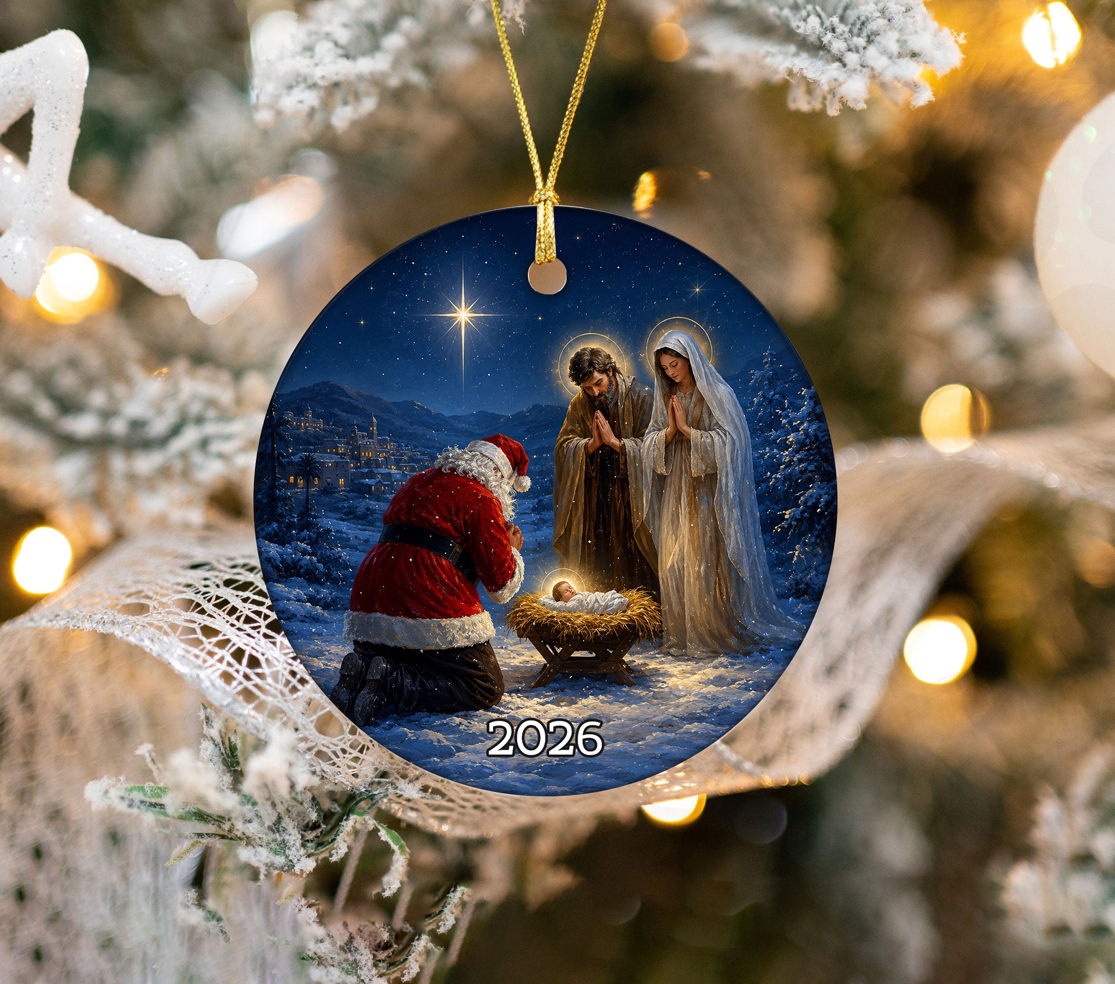 Santa Nativity Christmas Ornament 2026, Baby Jesus Holy Family Keepsake, Christian Christmas Tree Ornament