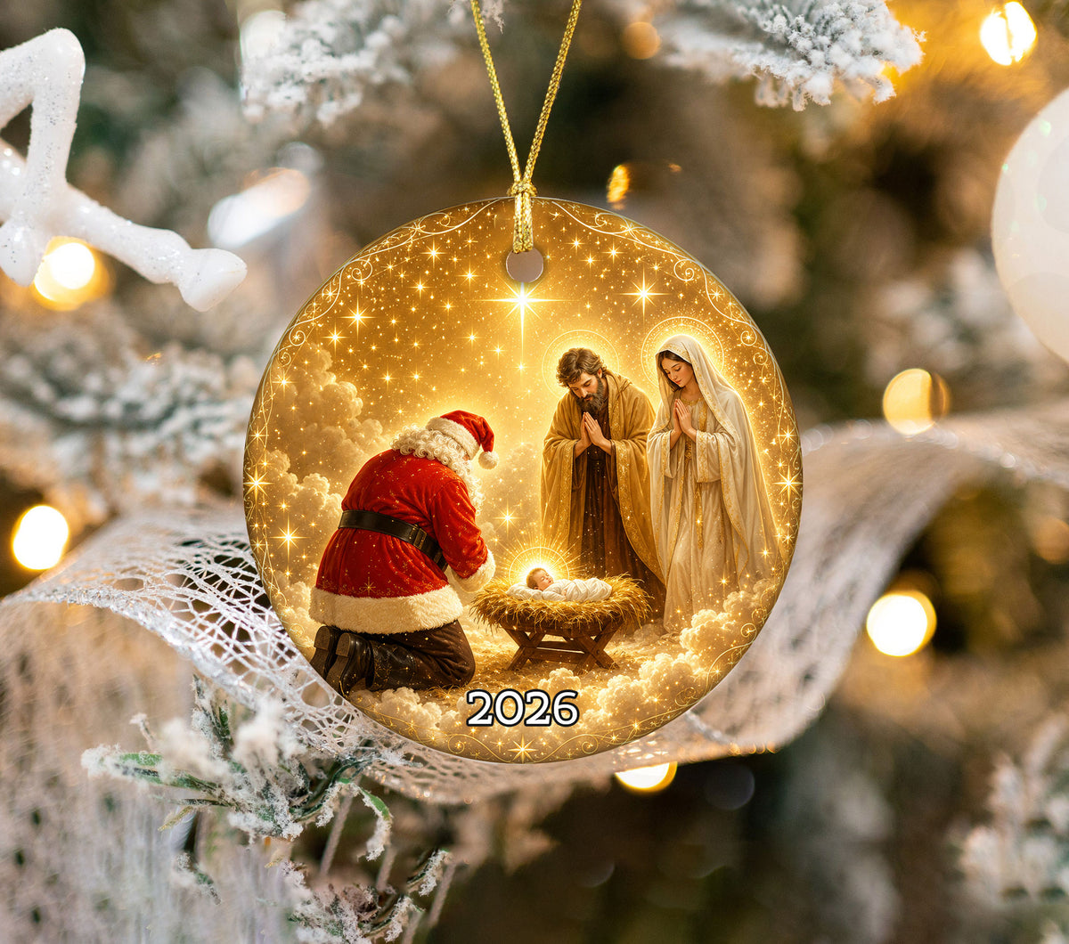 Religious Christmas Ornament 2026 with Santa and Nativity Scene, Baby Jesus Holy Family Christmas Tree Decoration
