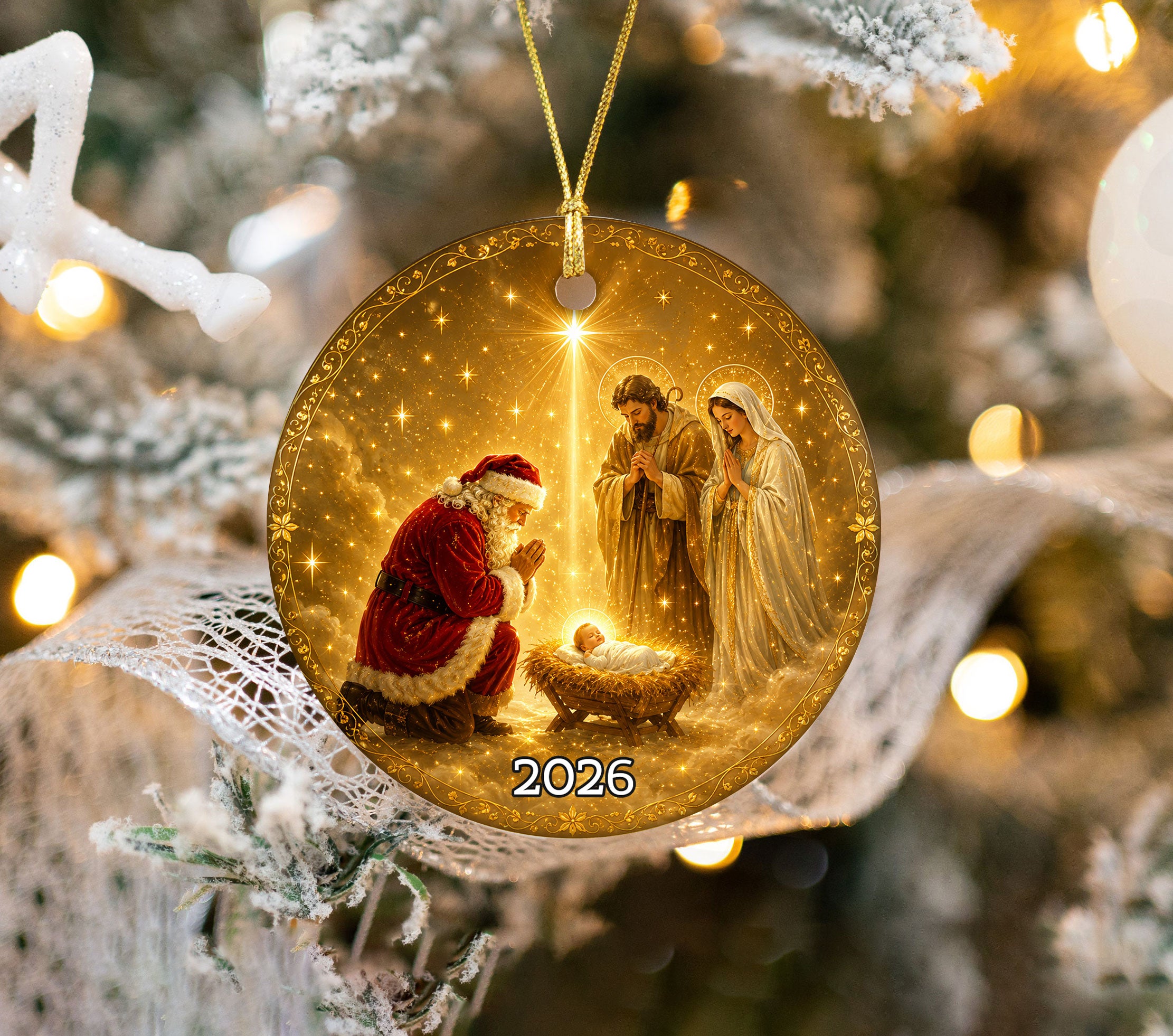 Christian Christmas Ornament 2026, Santa Kneeling Before Baby Jesus, Holy Family Tree Ornament, Religious Christmas Keepsake Gift