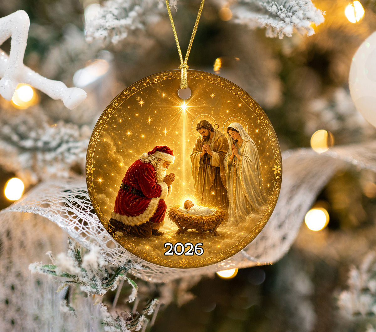 Christian Christmas Ornament 2026, Santa Kneeling Before Baby Jesus, Holy Family Tree Ornament, Religious Christmas Keepsake Gift