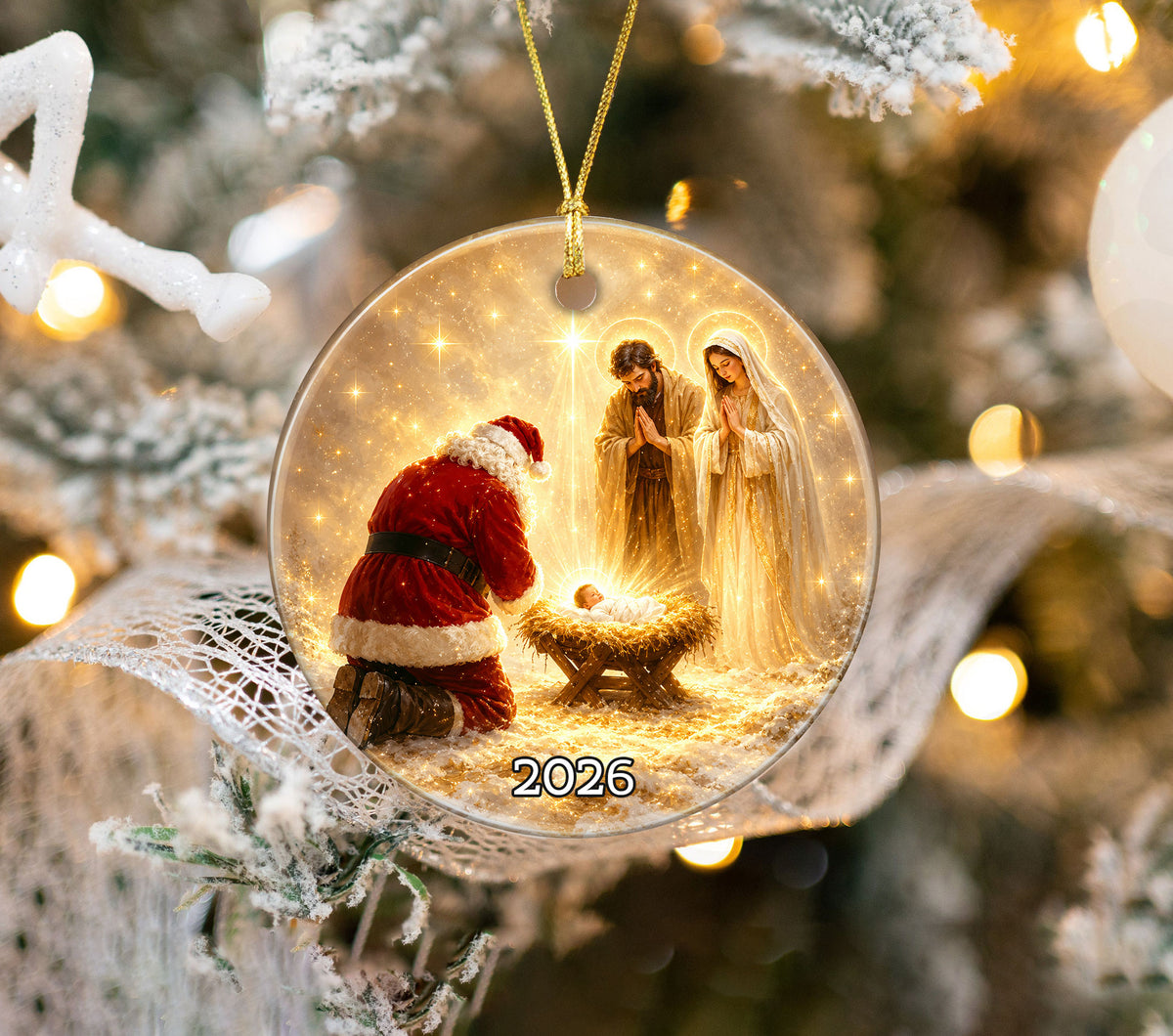 Religious Christmas Ornament 2026 with Santa and Nativity Scene, Baby Jesus Holy Family Christmas Tree Decoration, Christian Gift
