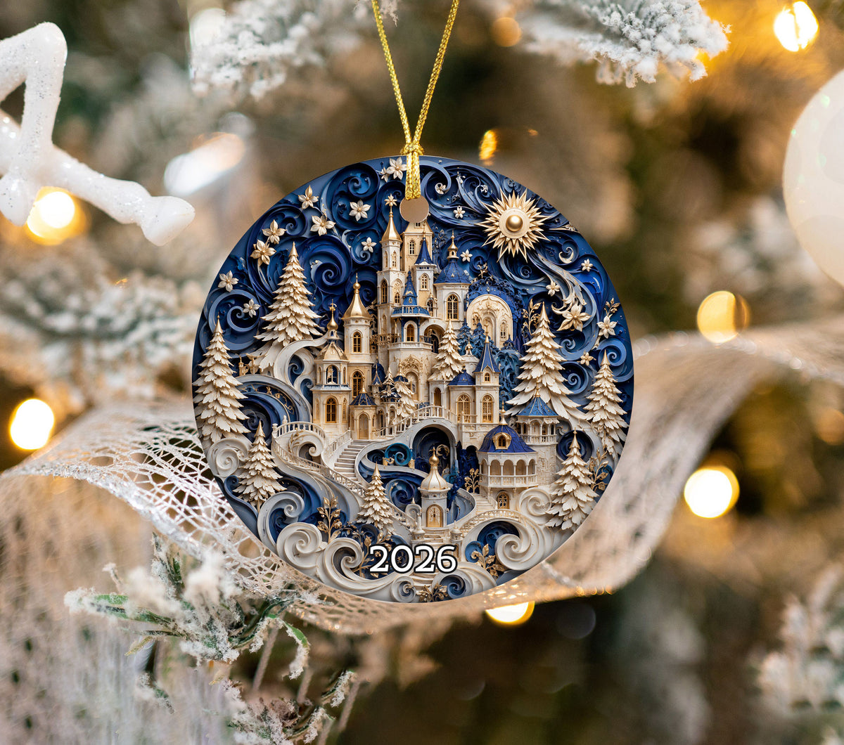 Christmas Castle Ornament 2026, Snowy Winter Village Decoration, Blue Holiday Tree Ornament, Christmas Keepsake Gift, Festive Home Decor
