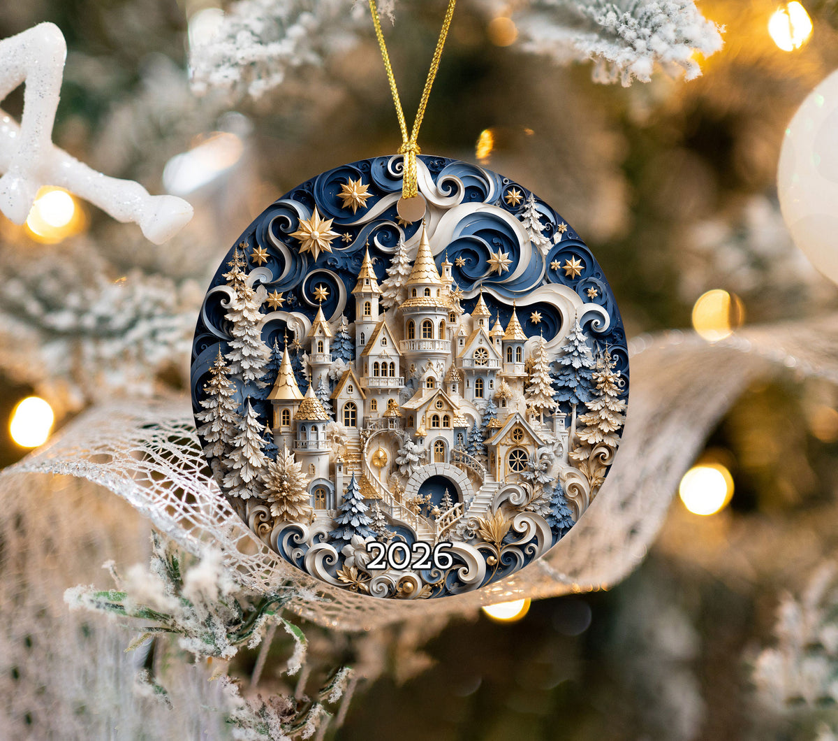 Blue Winter Christmas Ornament 2026, Snowy Castle Tree Ornament, Christmas Village Holiday Decoration