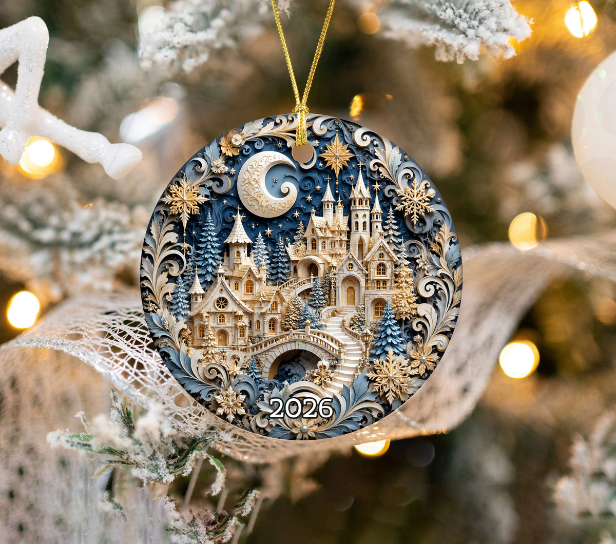 Snowy Christmas Village Ornament 2026, Blue Castle Christmas Tree Decor, Holiday Ornament Keepsake, Winter Christmas Gift for Loved Ones