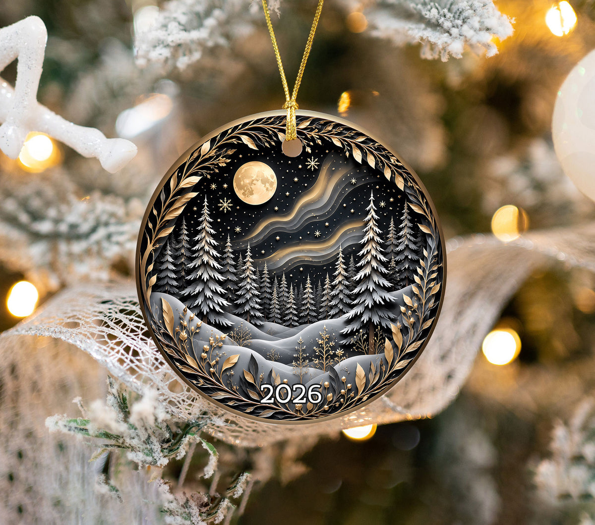 Christmas Tree Ornament 2026, Winter Forest Scence Ornament, Gold Black Christmas Decor, Holiday Keepsake Gift for Family and Friends