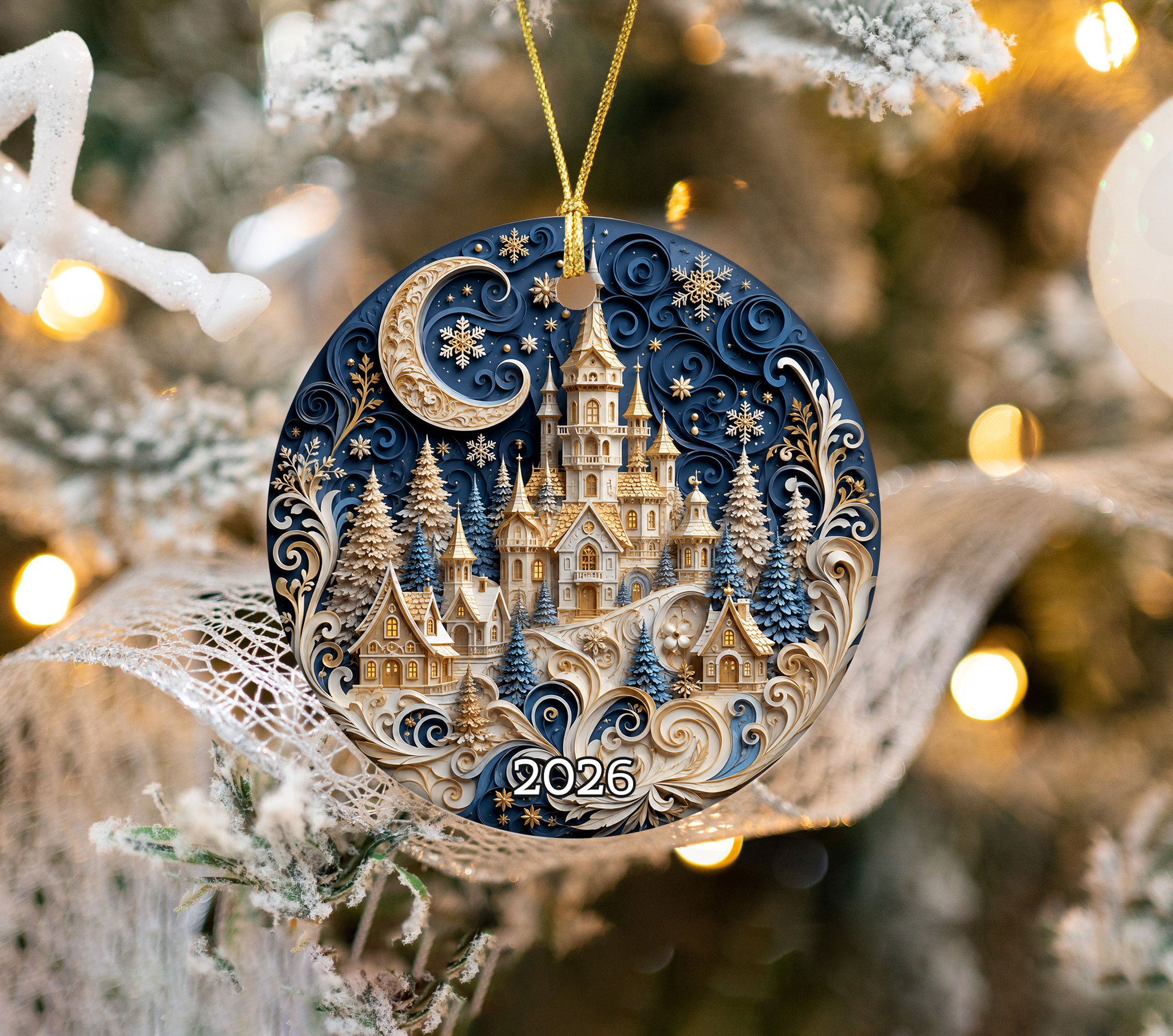 Blue Christmas Castle Ornament 2026, Winter Castle Christmas Ornament, Snowy Village Tree Decor, Holiday Keepsake Gift