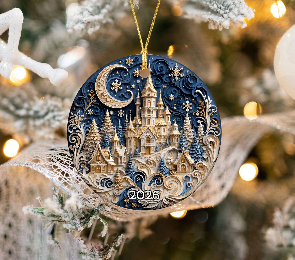 Blue Christmas Castle Ornament 2026, Winter Castle Christmas Ornament, Snowy Village Tree Decor, Holiday Keepsake Gift