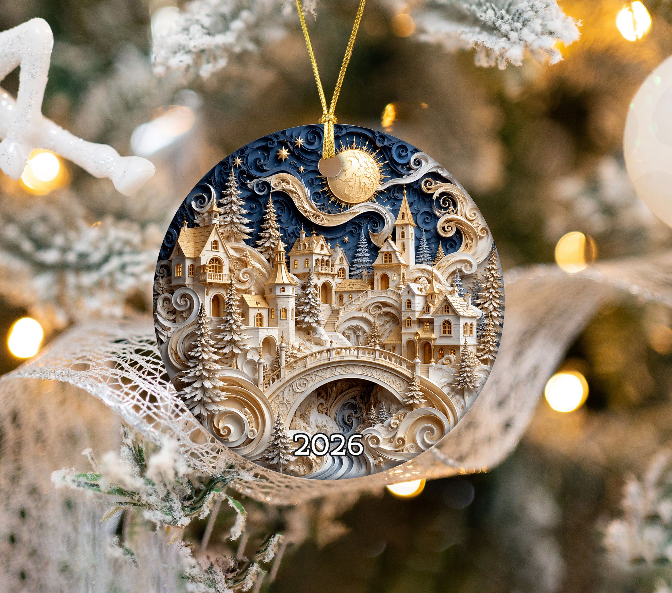Winter Castle Christmas Ornament 2026, Blue and White Christmas Tree Ornament, Snowy Holiday Village Decor, Festive Keepsake Gift for Family