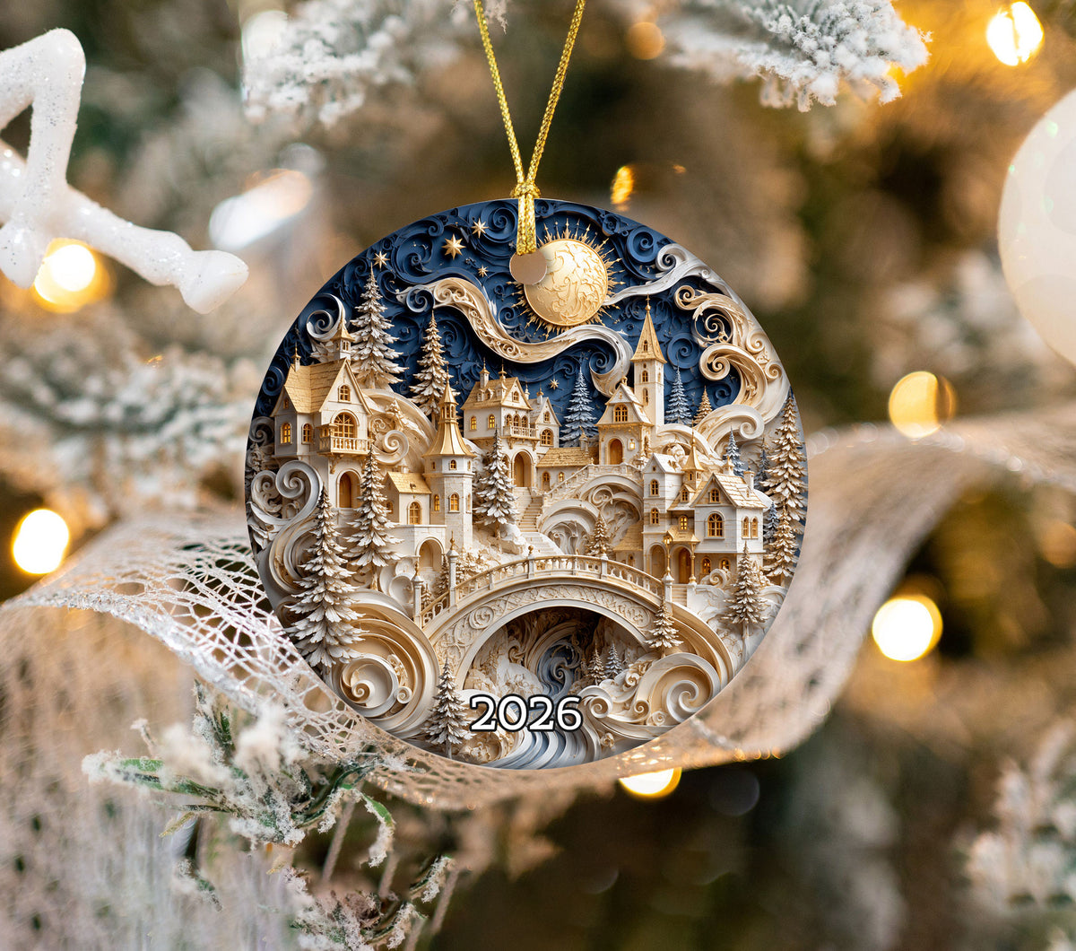 Winter Castle Christmas Ornament 2026, Blue and White Christmas Tree Ornament, Snowy Holiday Village Decor, Festive Keepsake Gift for Family