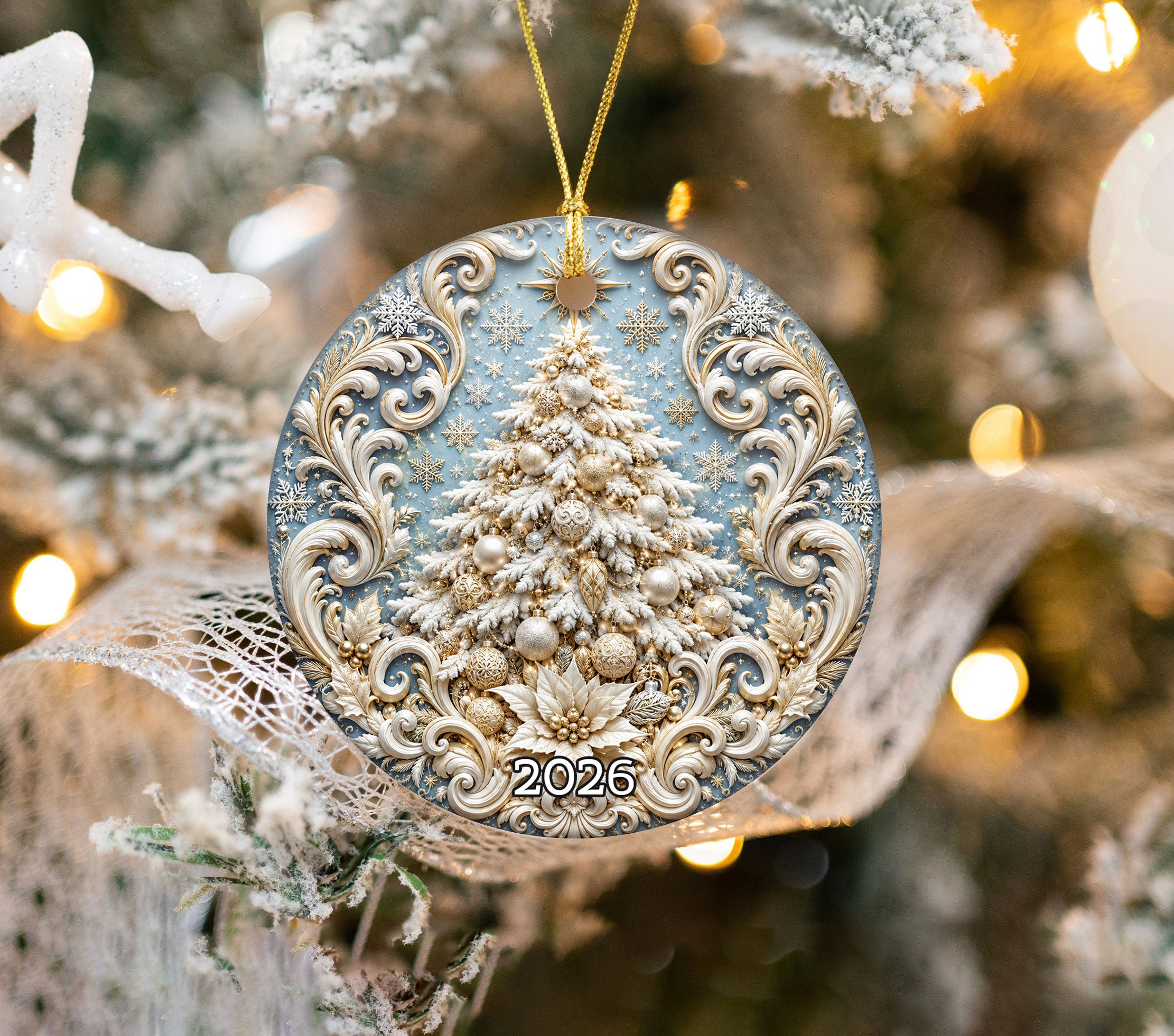 White Christmas Tree Ornament 2026, Snowy Christmas Tree Ornament, Elegant Holiday Tree Decor, Winter Christmas Keepsake Gift