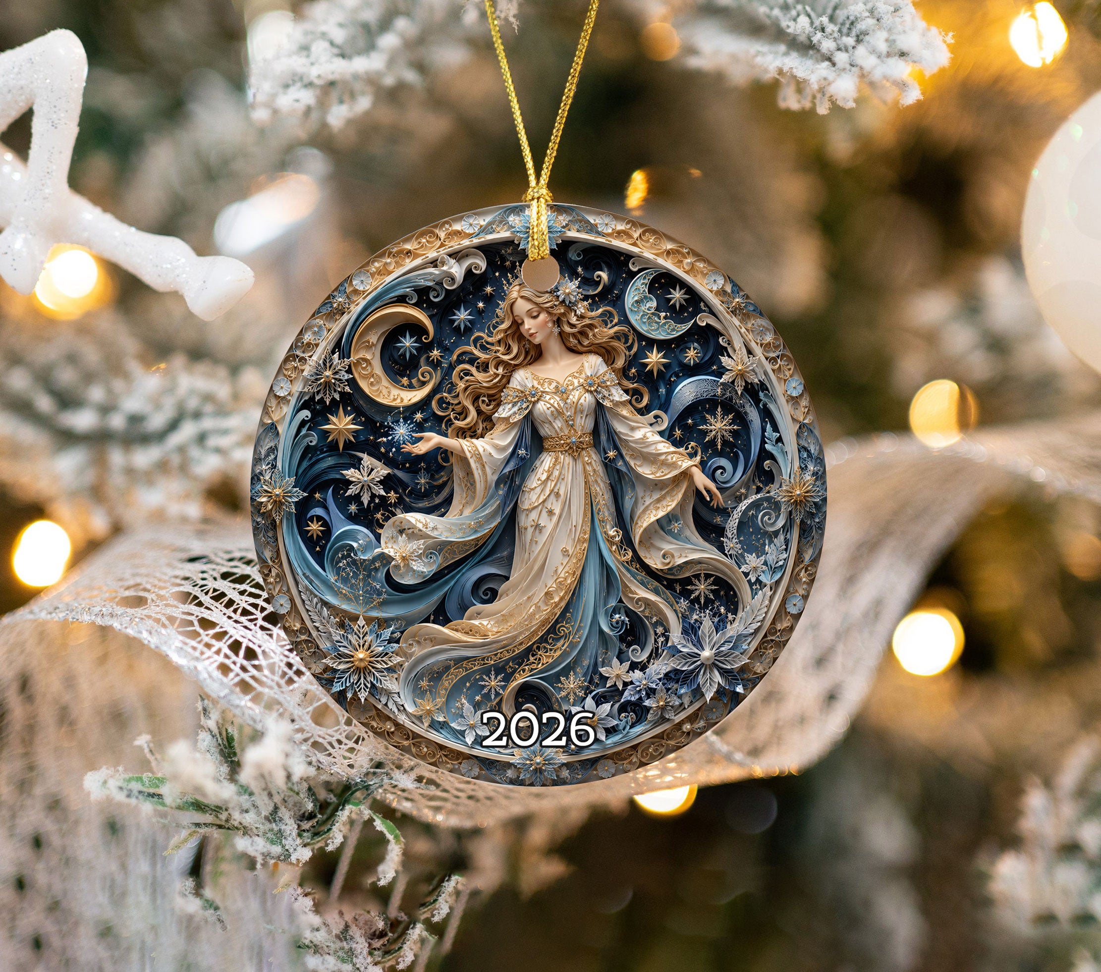 Celestial Angel Ornament 2026, Moon and Stars Christmas Ornament, Elegant Winter Fairy Tree Decor, Holiday Keepsake Gift